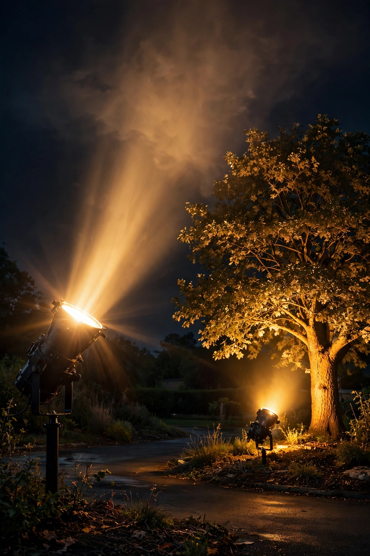 Homeowner adjusting a landscape spotlight at night to eliminate glare spilling toward the street and neighboring windows