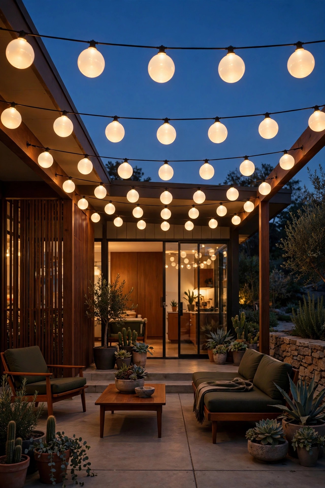 Opal globe string lights in straight taut runs over a mid-century modern patio at dusk