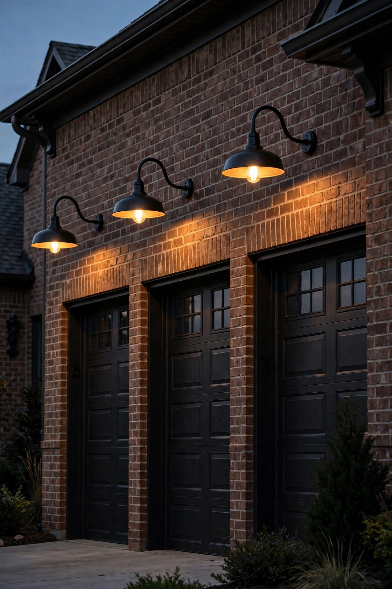 Black gooseneck barn lights with dome shades mounted above garage doors on a brick home
