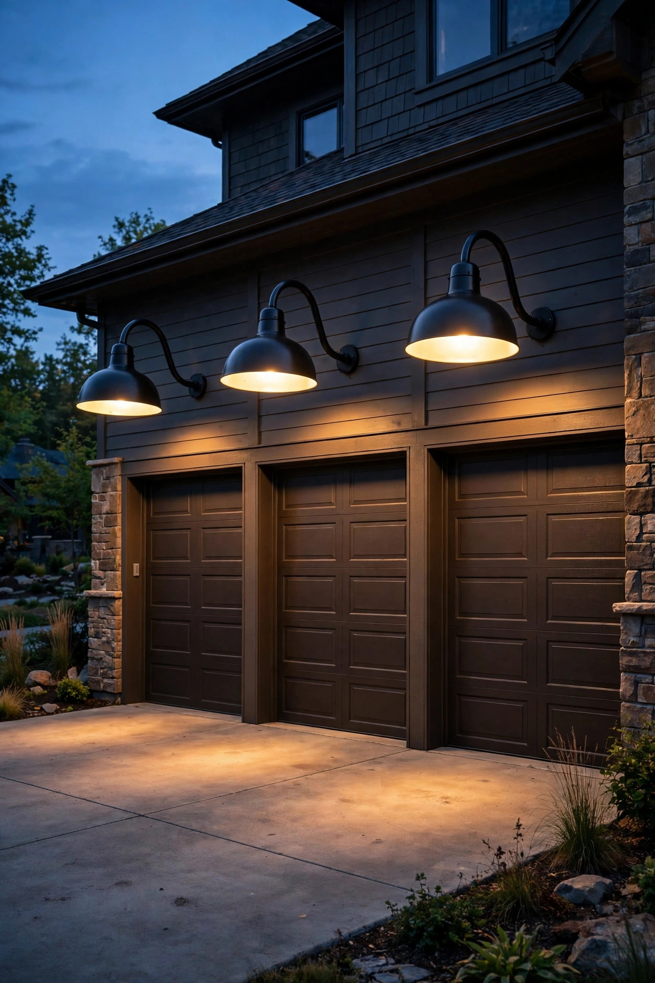 Three oversized gooseneck barn lights in a row over wide garage doors of a large home at dusk, warm light pooling on the driveway