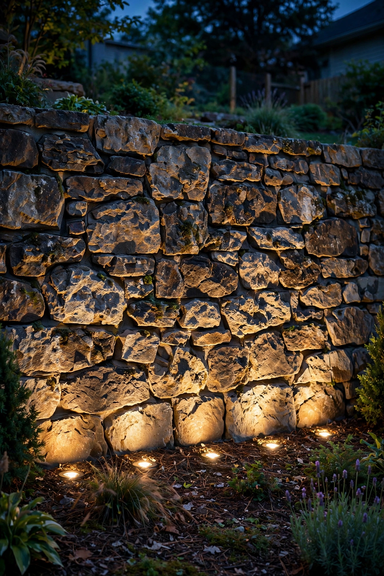 In ground well lights landscape grazing light up a textured stone retaining wall at night