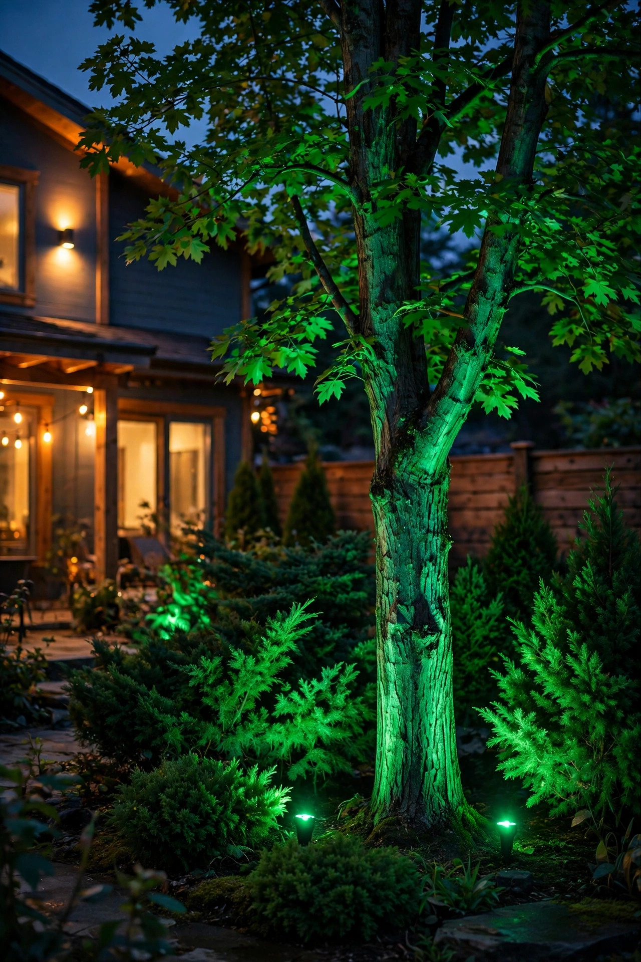 Green LED uplighting washing a backyard tree and evergreen shrubs in emerald light at night