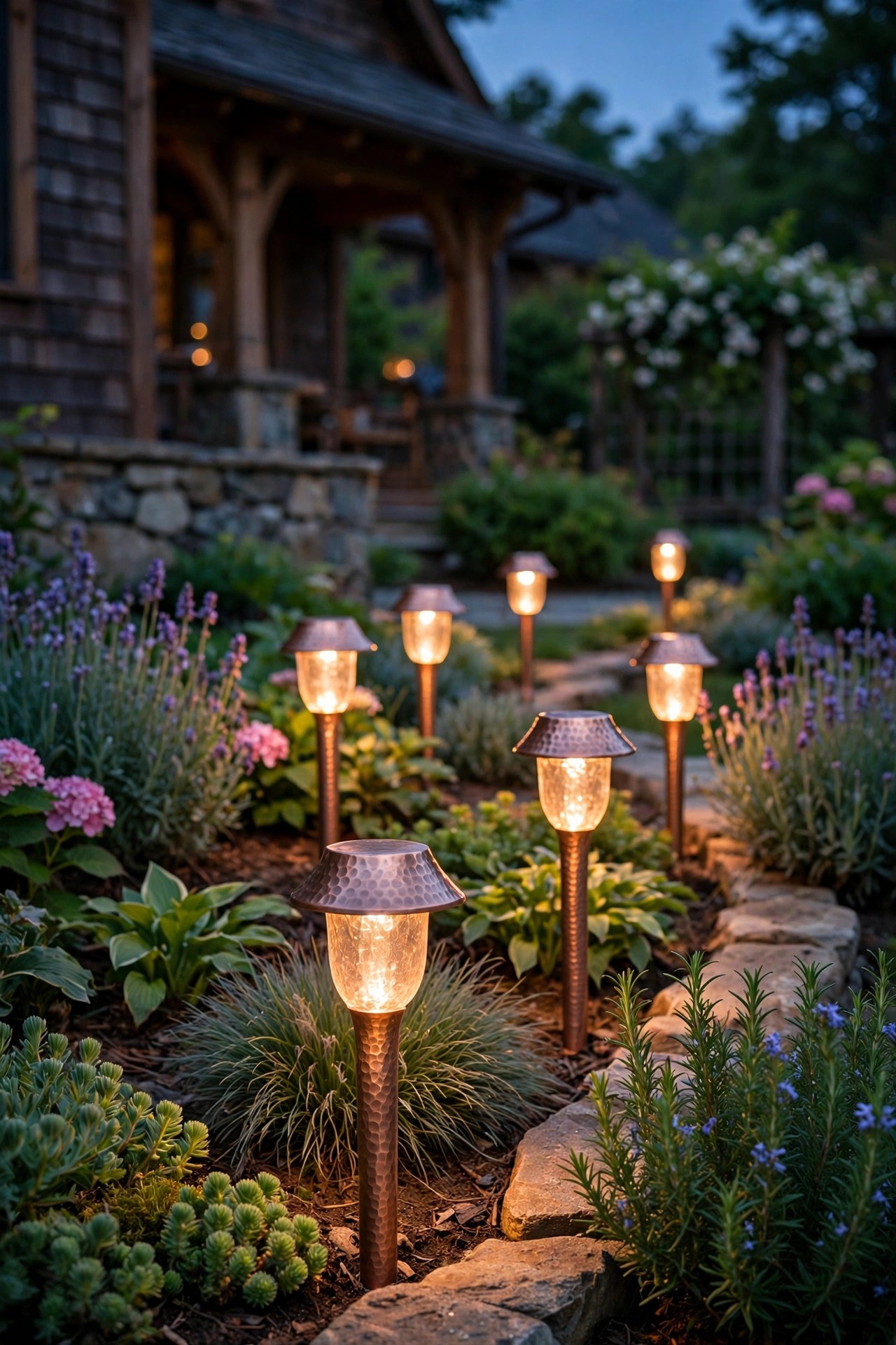 Hammered copper stake lights glowing warmly along a flower bed edge in a craftsman garden