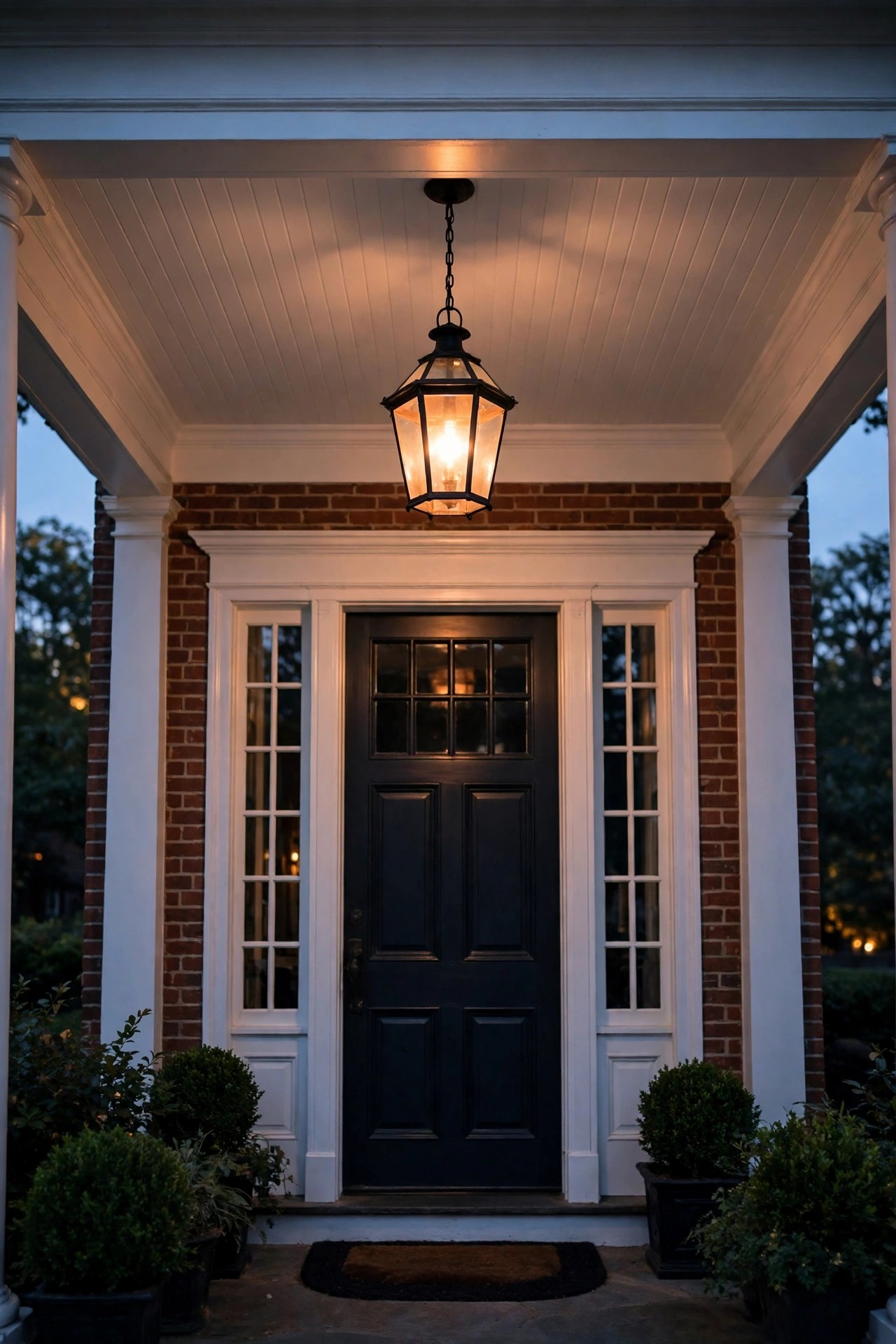 Single hanging lantern pendant centered over a colonial front door beneath a white portico ceiling