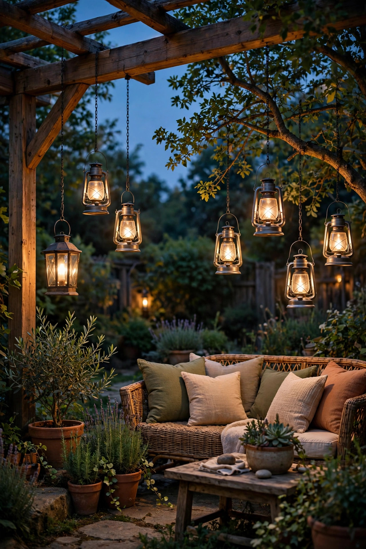 Metal lanterns hanging at different heights from a pergola beam and tree branch over an outdoor seating corner at dusk