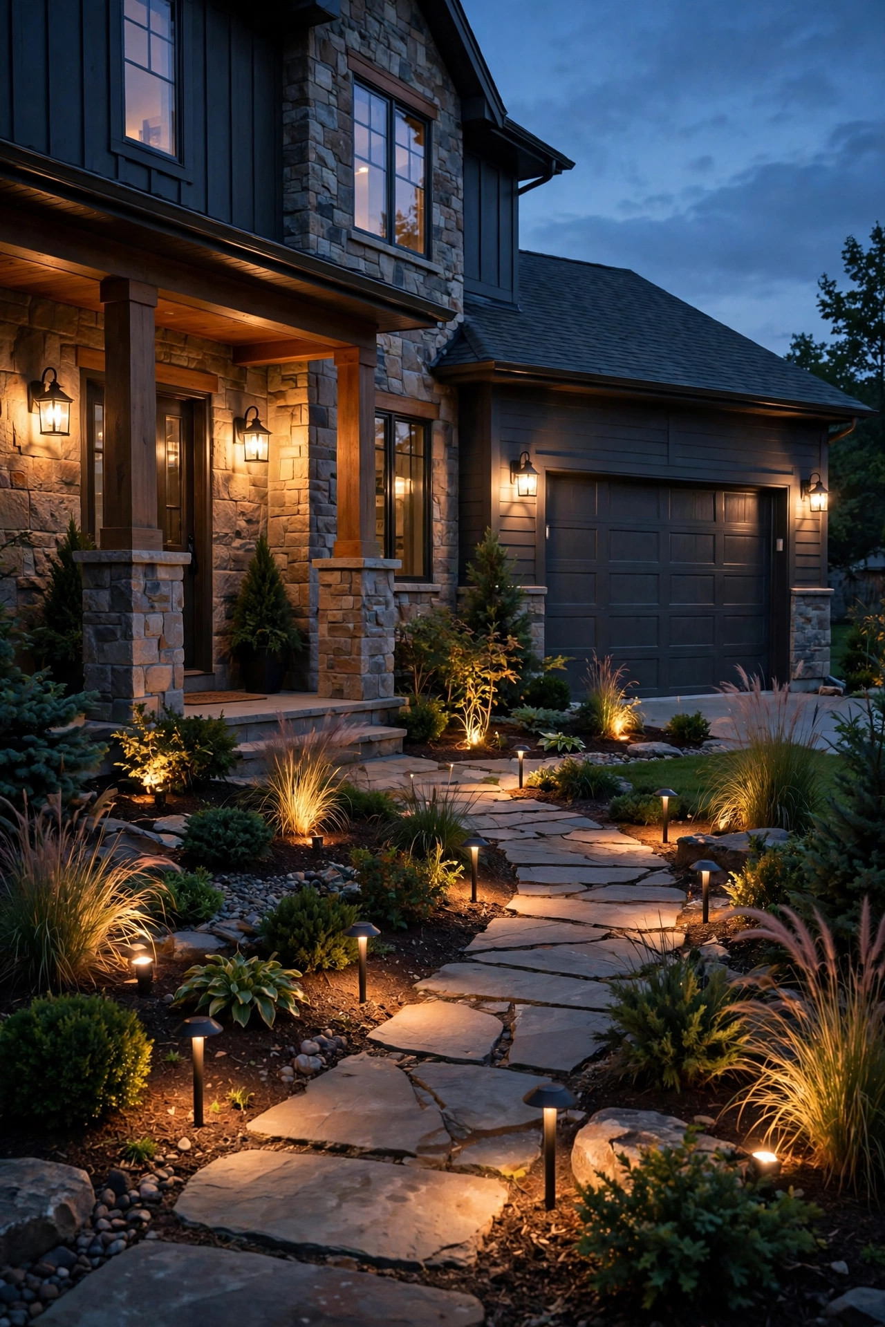 Front yard at dusk showing line voltage outdoor lighting on the porch and garage with low-voltage path and spot lights layered through the planting beds
