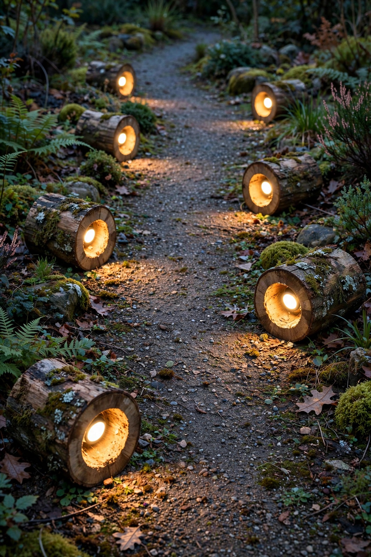 Hollow log sections with warm LED puck lights glowing along a gravel garden path at dusk
