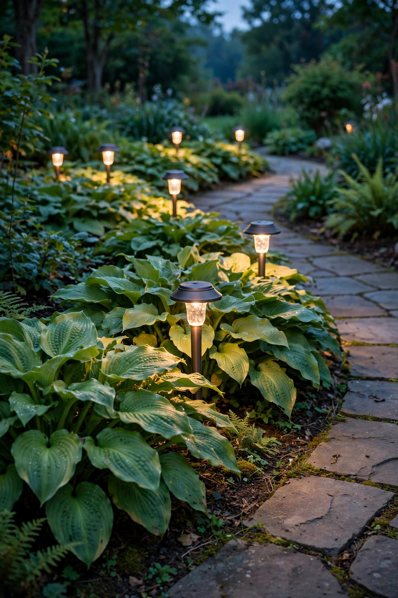 Twelve-inch path lights peeking over lush green hosta leaves beside a curved garden path at dusk