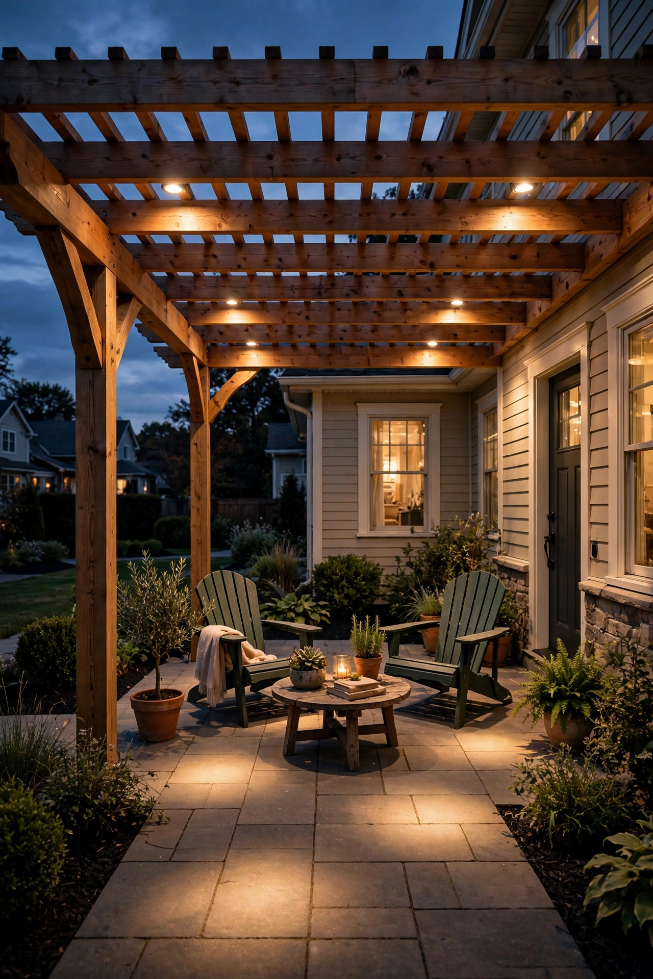 Warm downlighting from a pergola casting soft pools of light on an outdoor patio at night