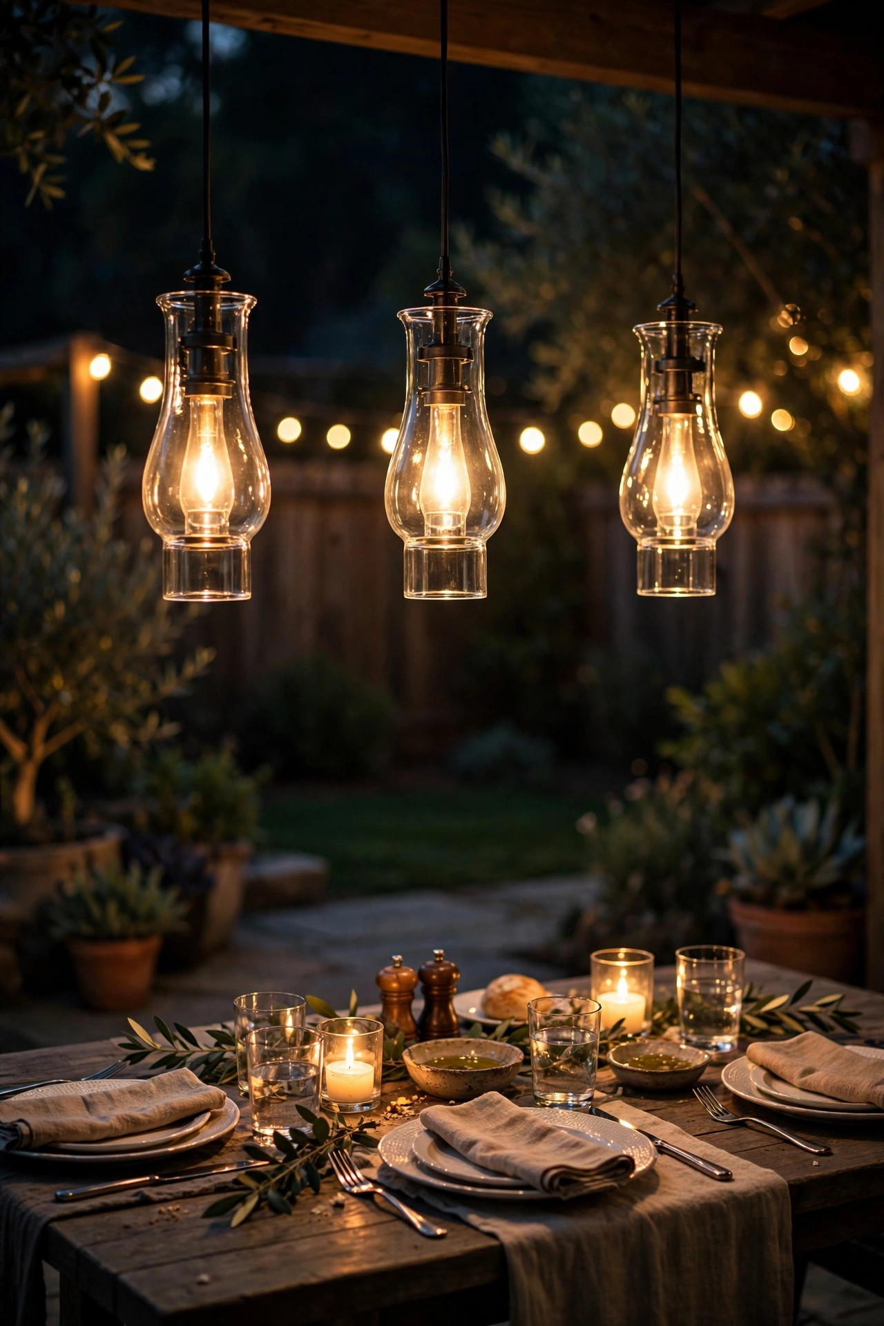 Three hurricane-glass pendant lights glowing over an outdoor patio dining table at night