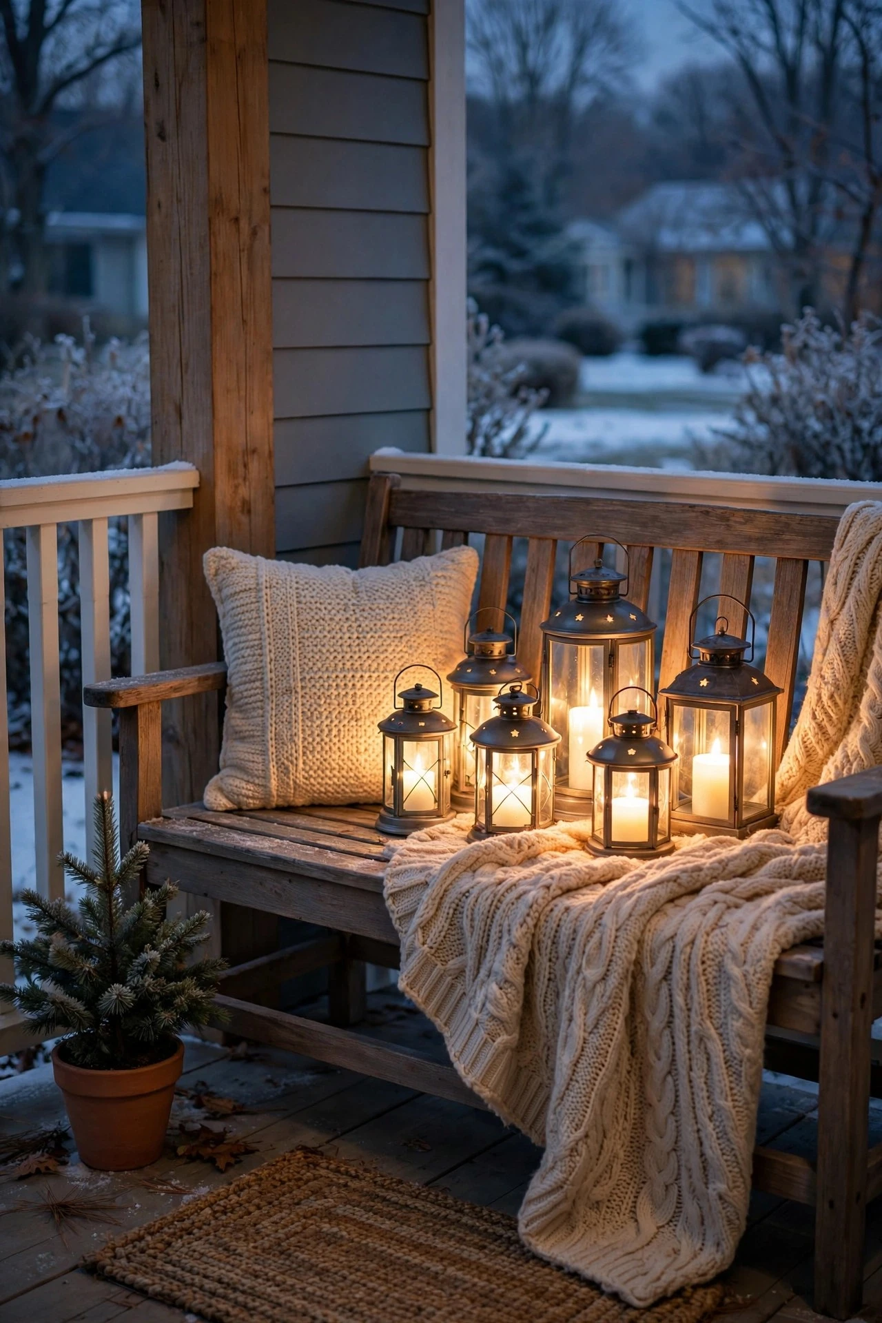 Porch bench with a cluster of glowing battery lanterns and a throw blanket for a hygge winter corner