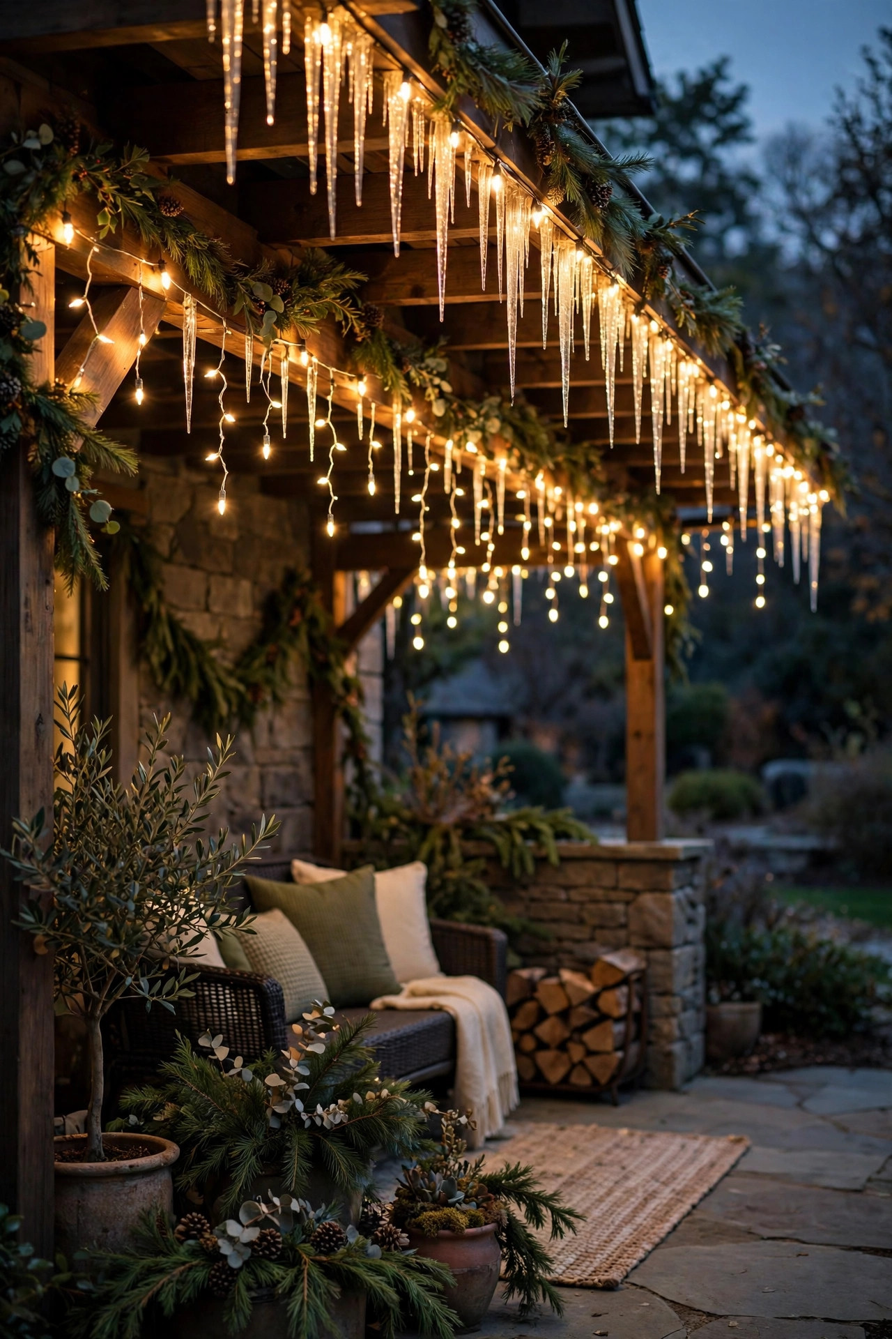 Warm white icicle lights hanging along the roofline of a covered back patio decorated for Christmas