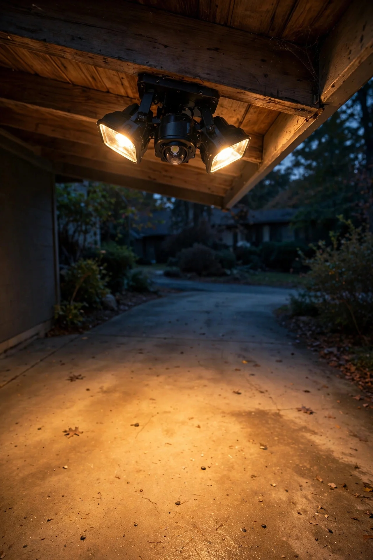 Close view of a motion sensor outdoor floodlight mounted about ten feet high under a garage eave at dusk, warm light pooling across the driveway below