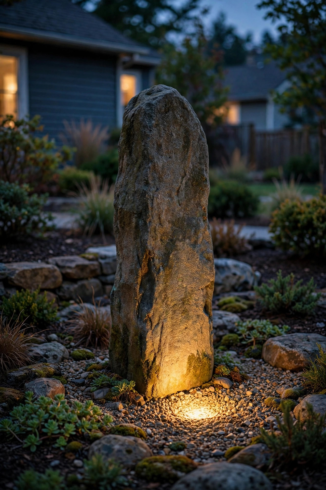In-ground well light glowing flush from gravel at the base of a tall standing stone in a rock garden