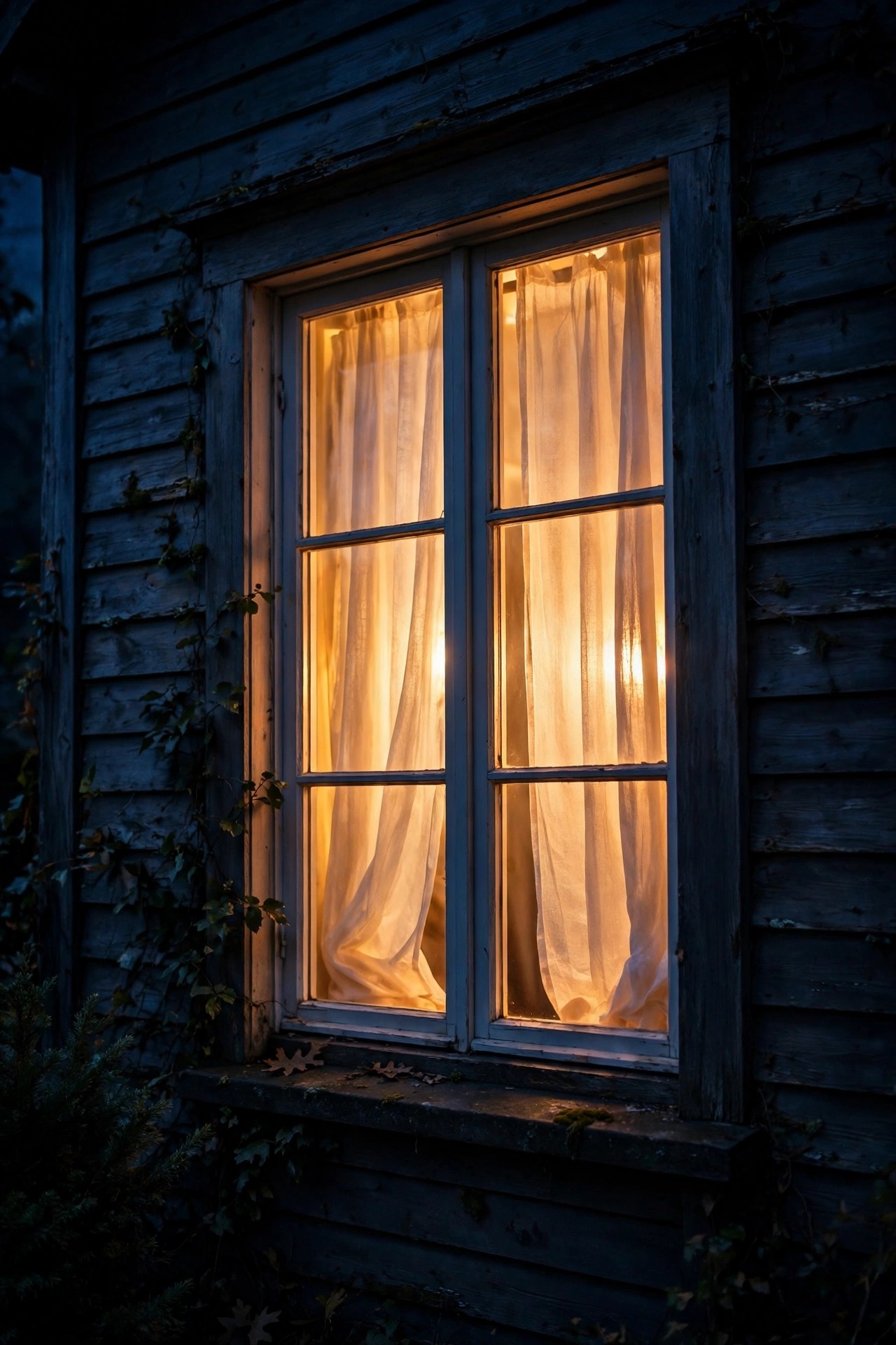 Warm lamp glow shining through sheer curtains of a front window at night, suggesting someone home inside