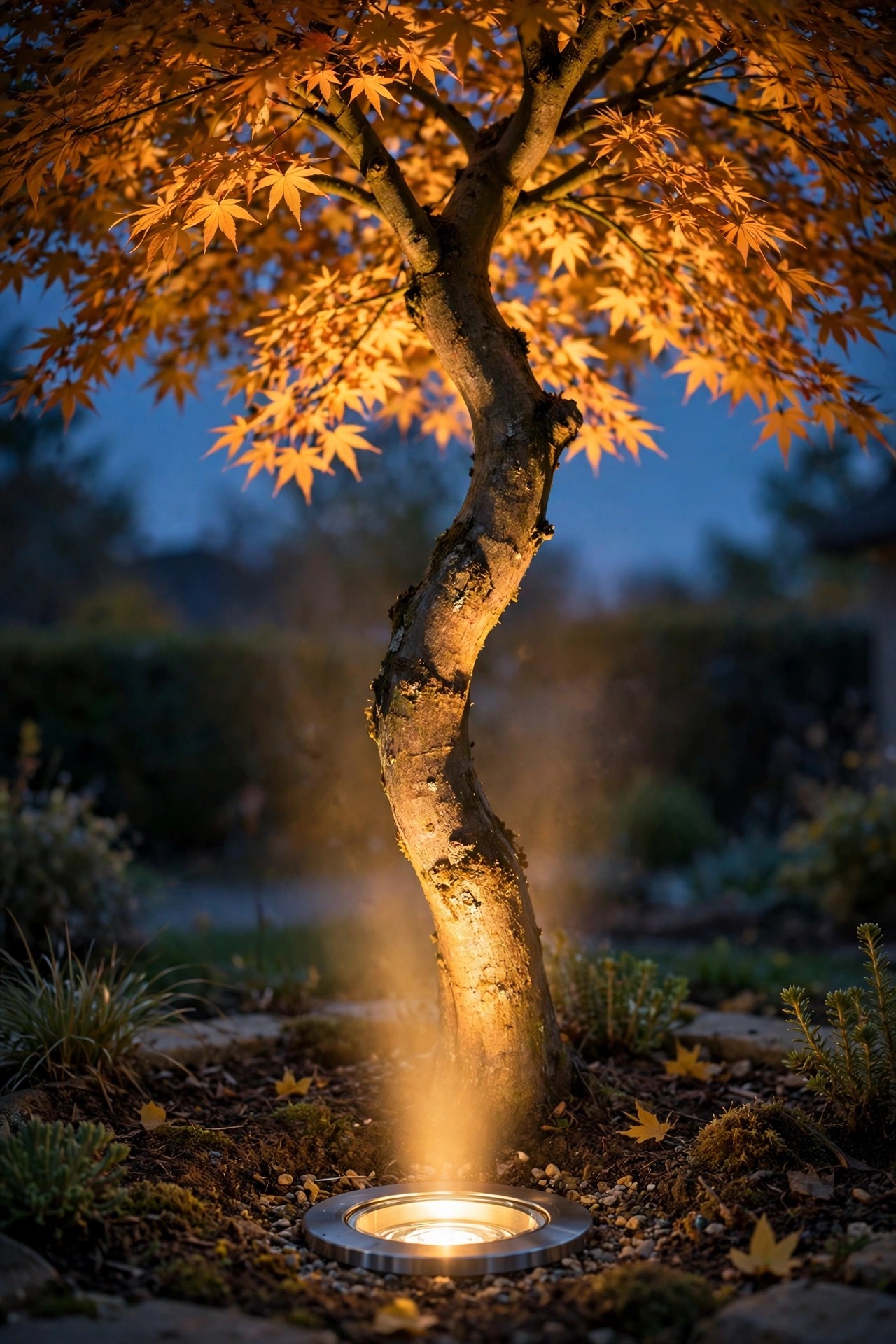 In-ground well light at the base of an ornamental tree sending a warm beam up the trunk into the glowing canopy at dusk