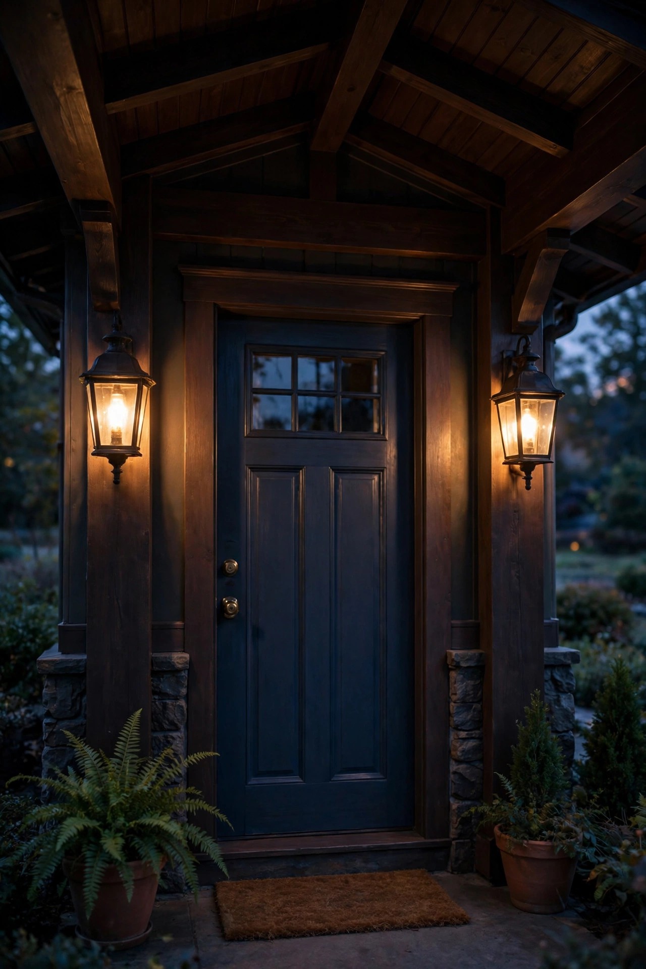 Pair of warm glowing porch lanterns flanking a front door under a deep covered porch roof at dusk