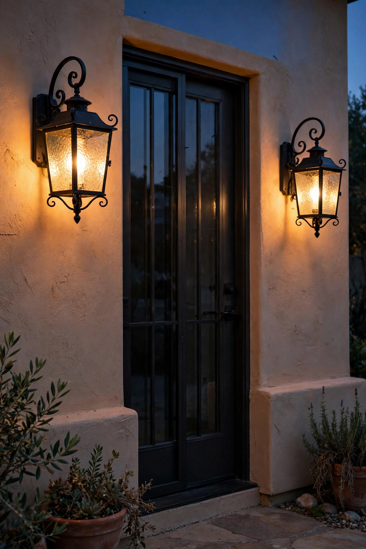 Pair of black wrought iron wall lanterns with seeded glass glowing beside a patio door on a warm stucco wall