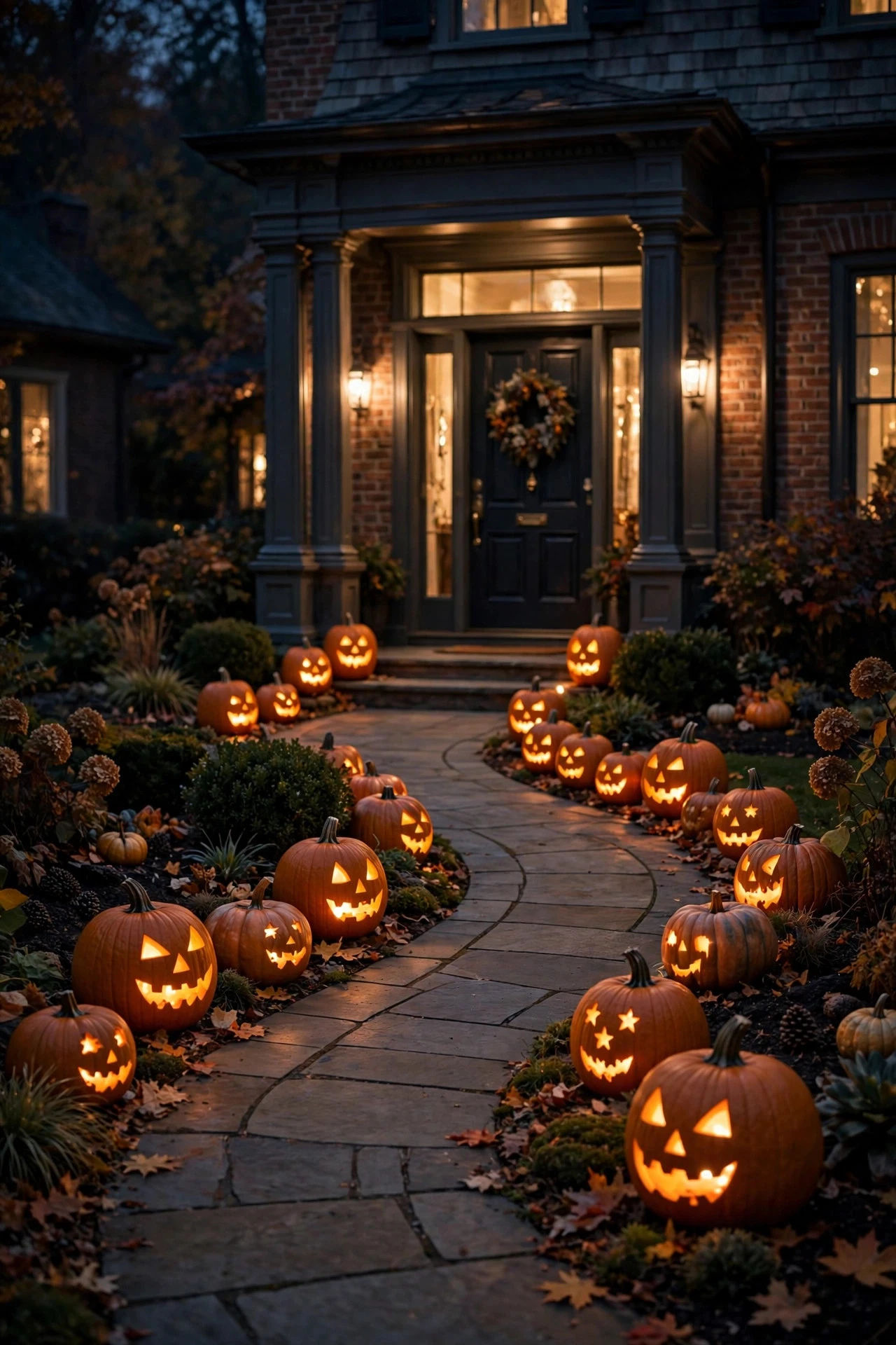 Walkway lined with glowing jack-o'-lantern pumpkins leading to a front door at night