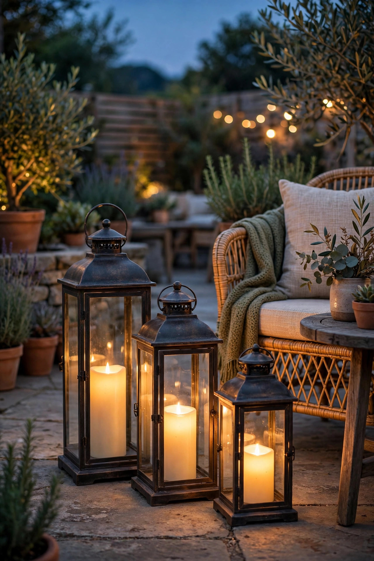 Cluster of three metal hurricane lanterns in different heights with flameless LED candles glowing beside patio seating at dusk