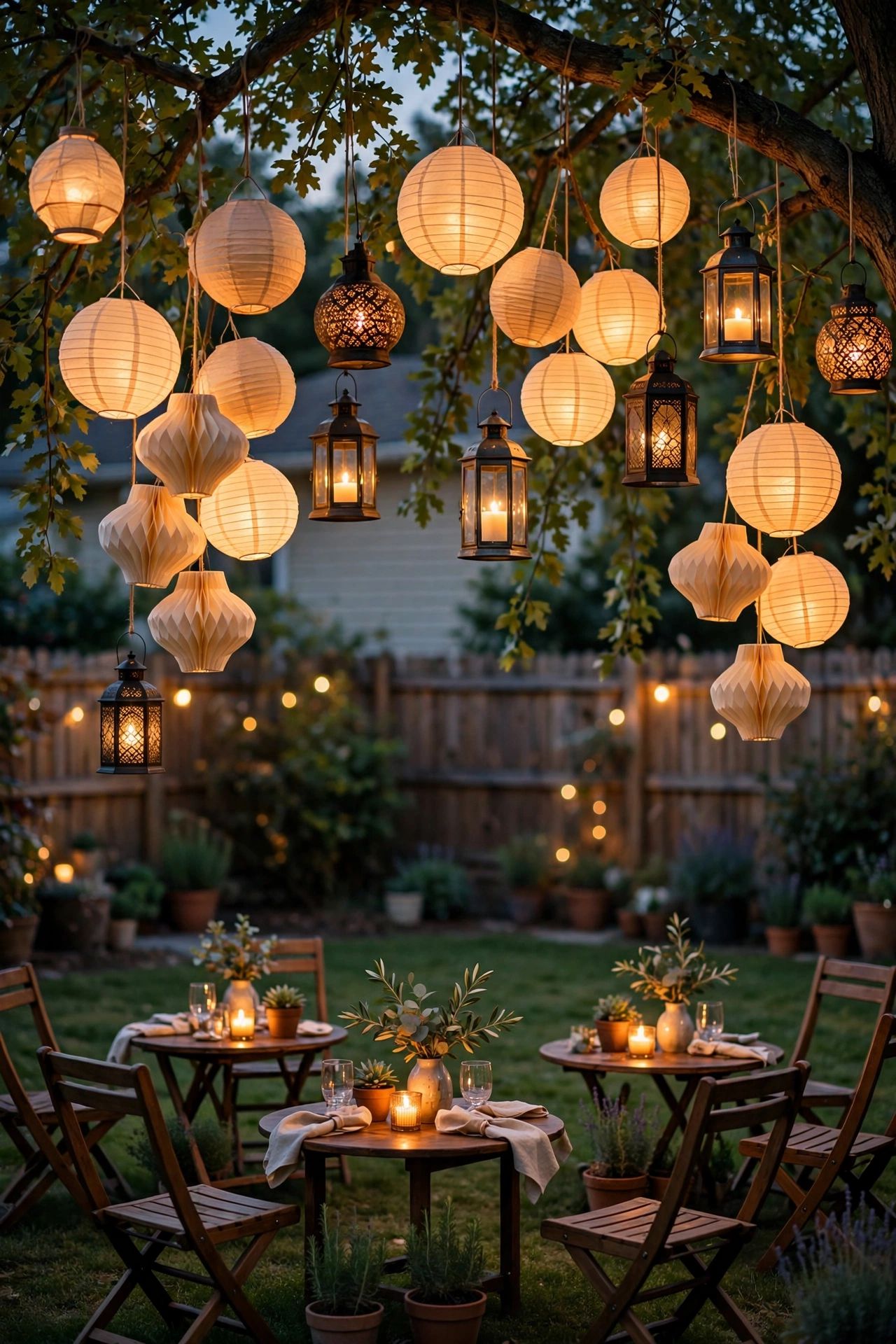Clusters of glowing lanterns hanging from tree branches over an outdoor evening party