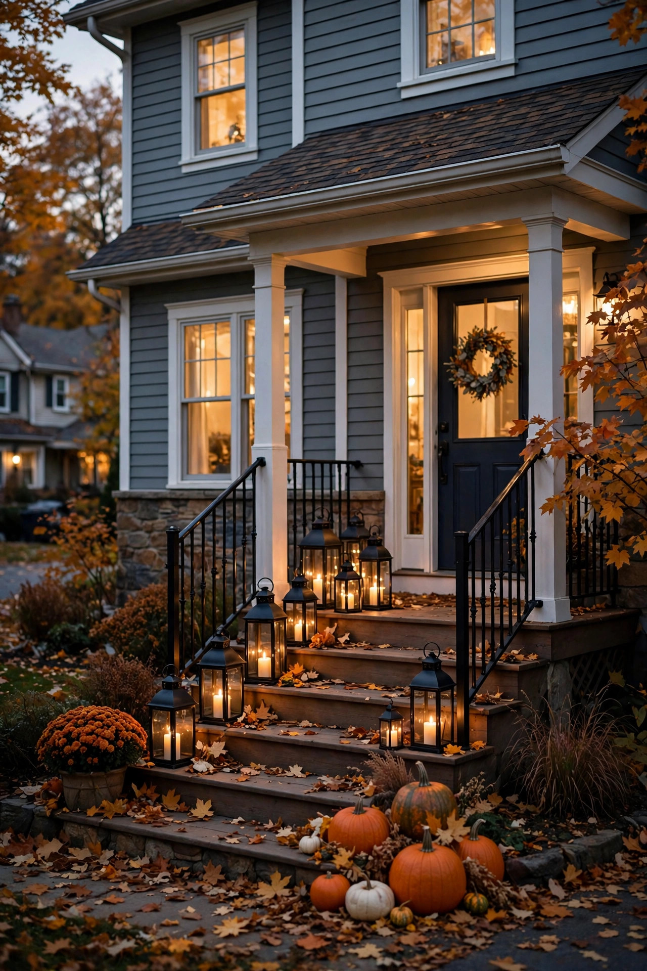 Cluster of black lanterns with LED candles glowing on porch steps beside fall mums