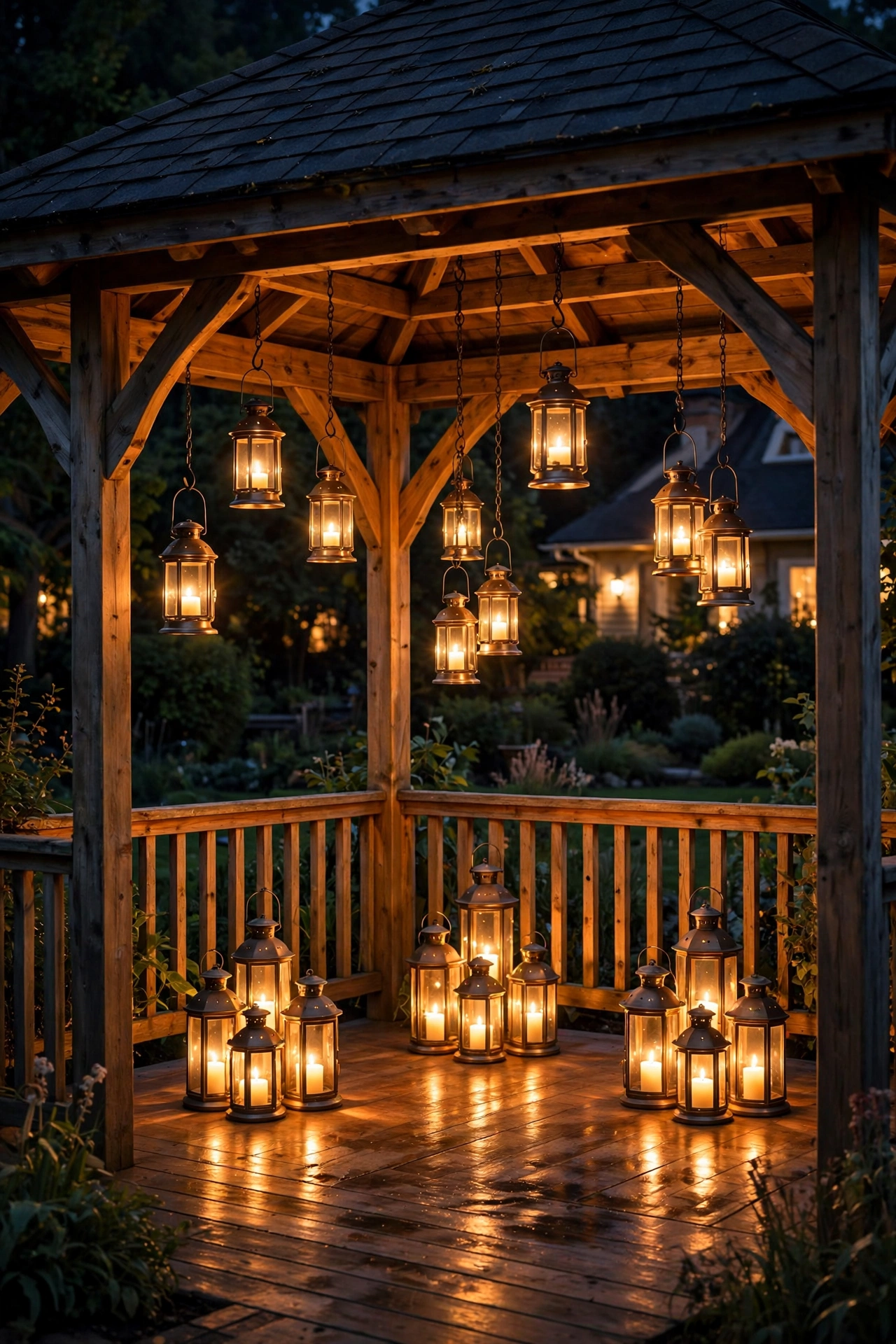 Cluster of glowing lanterns with LED candles hung around wooden gazebo posts at night