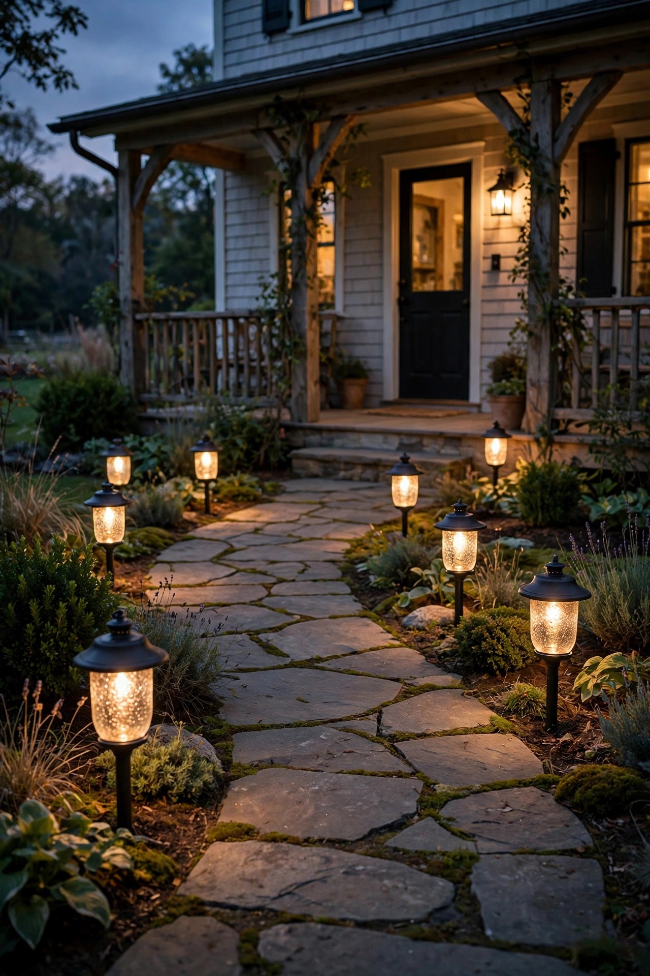 Lantern style path lights with warm seeded glass glowing along a stone front walkway to a farmhouse porch