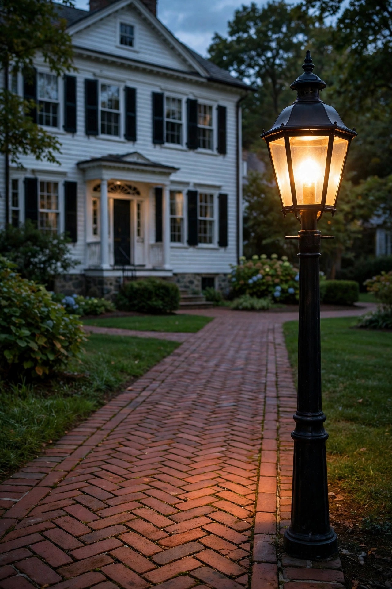 Classic black lantern post light glowing at the edge of a brick walkway in front of a colonial home at dusk