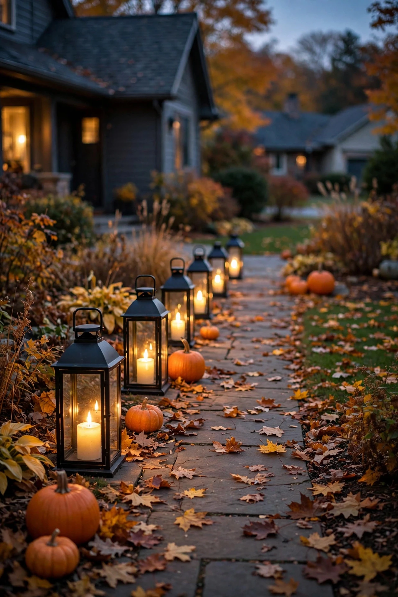 Row of black metal lanterns with flickering LED candles beside a fall walkway