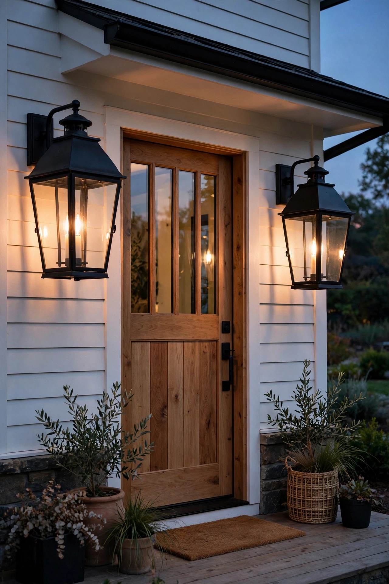 Oversized black lantern sconces flanking a natural wood front door on a modern farmhouse porch