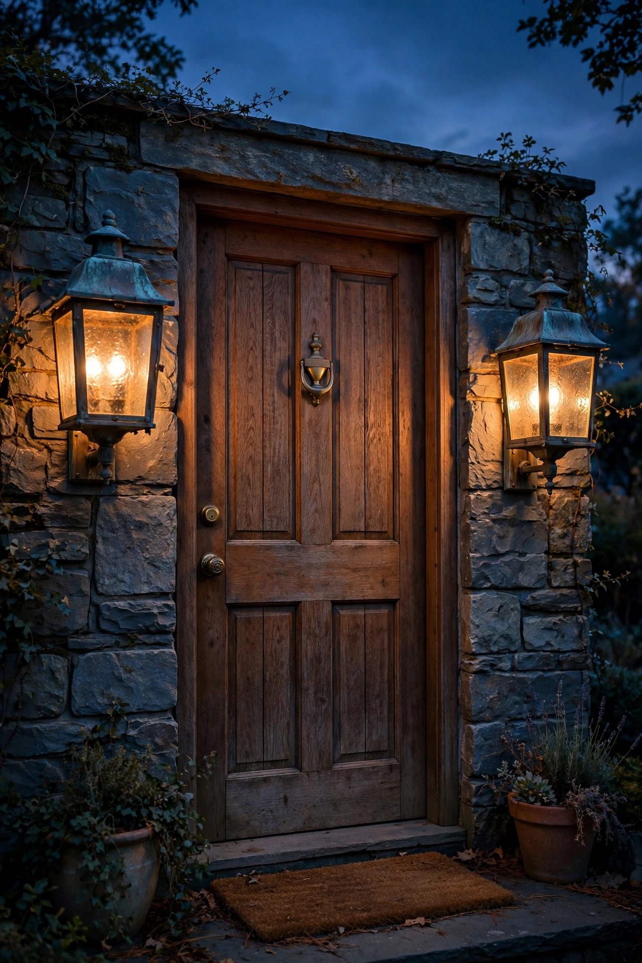 Pair of weathered bronze lantern sconces with seeded glass flanking a wooden front door at dusk
