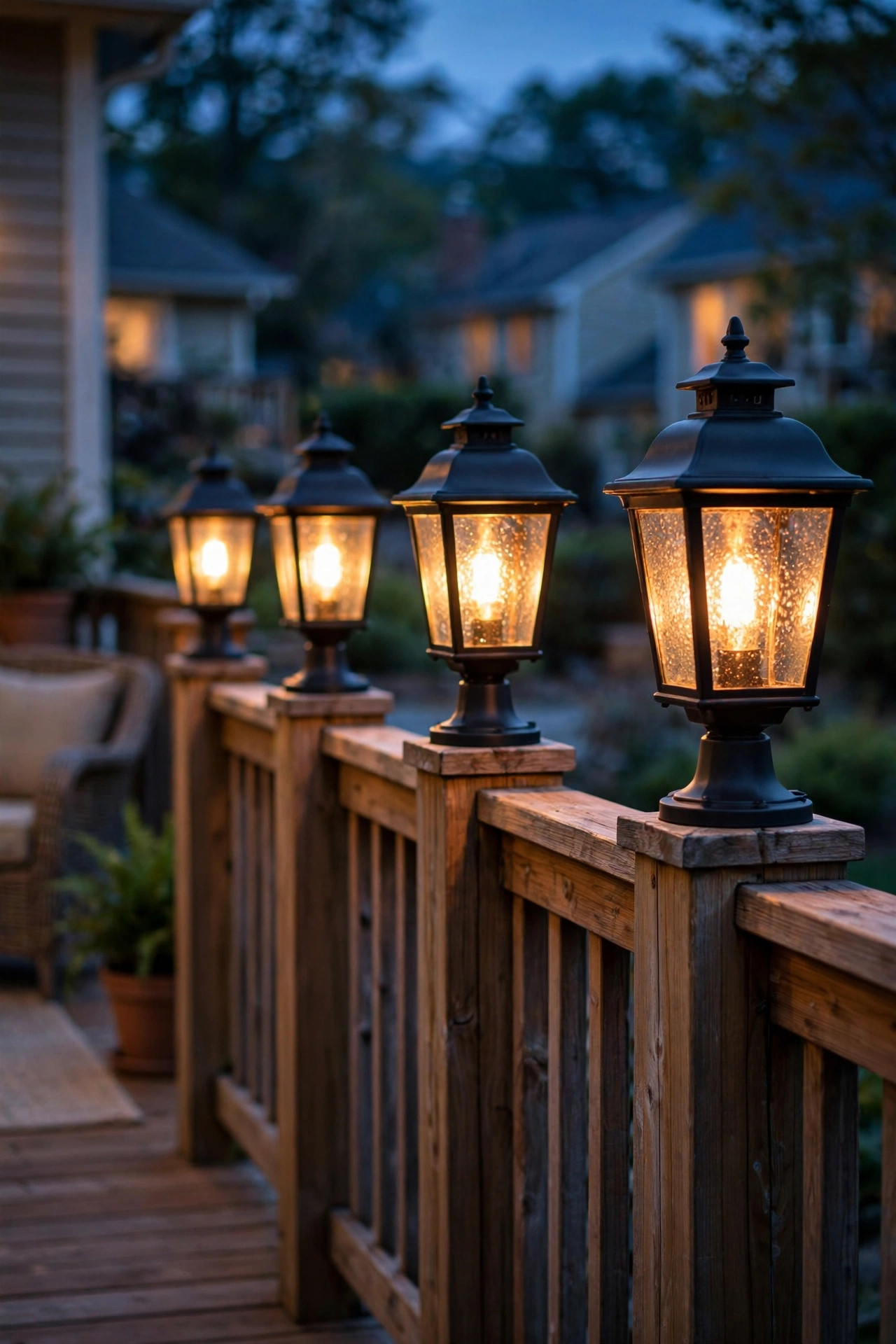 Lantern-style carriage post cap lights with warm glowing glass panels on deck railing posts at dusk