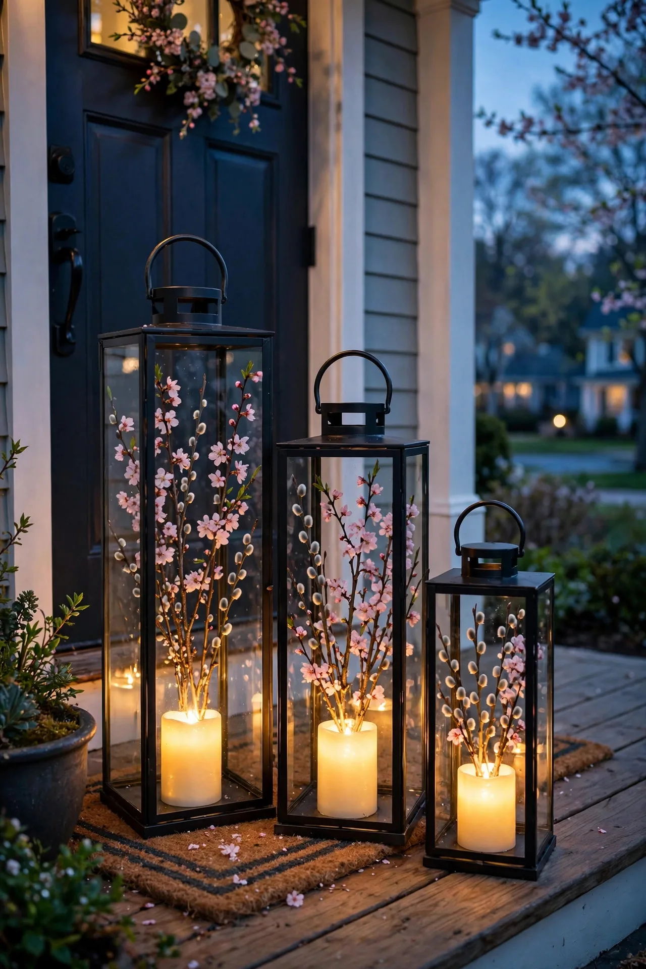 Three glass lanterns with spring branches and glowing LED candles clustered by a porch entrance
