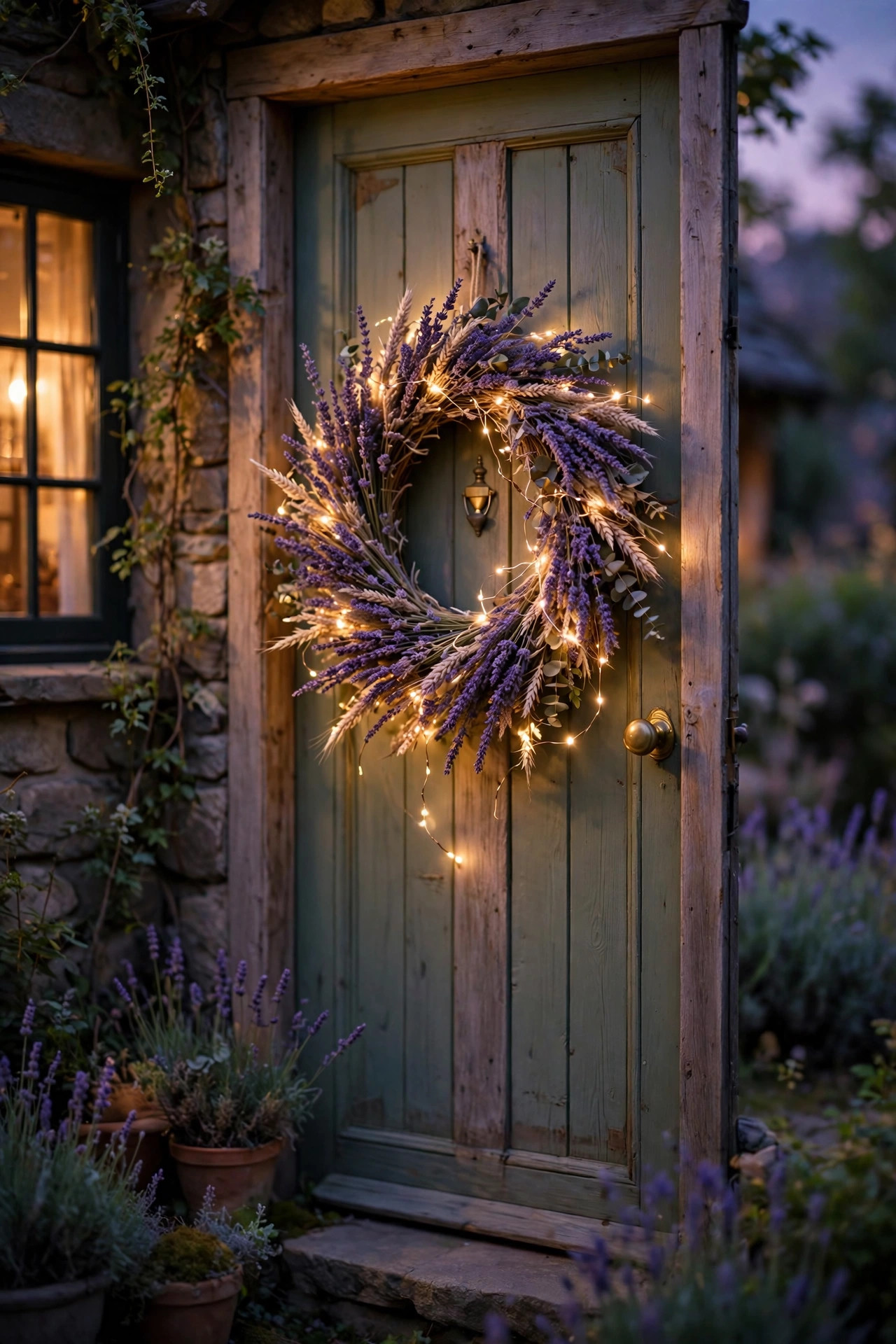 Dried lavender spring wreath with delicate fairy lights on a cottage front door at evening