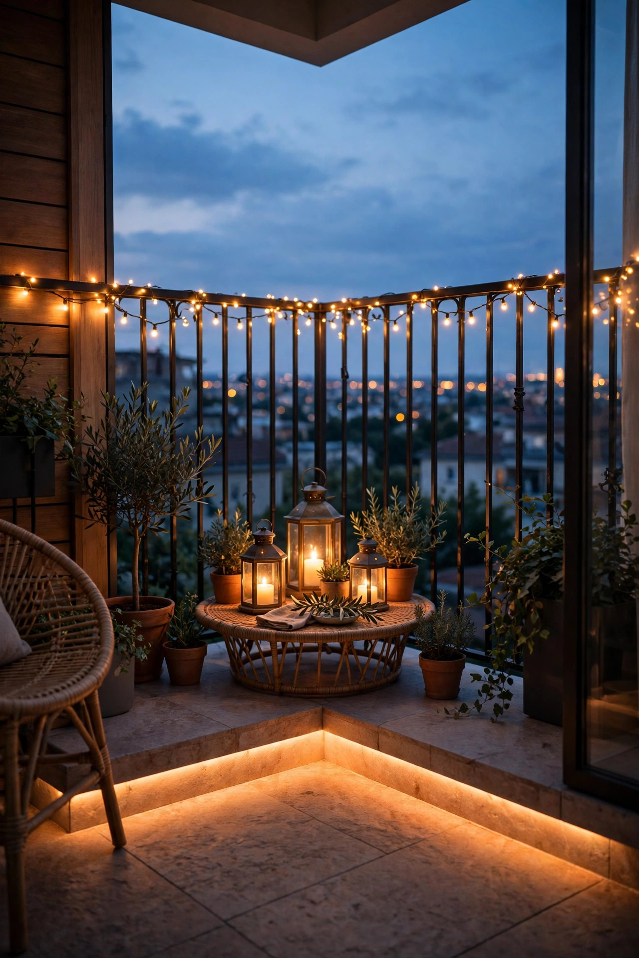 Corner balcony showing three layers of light at dusk, low floor wash, glowing table lanterns and string lights along the top rail