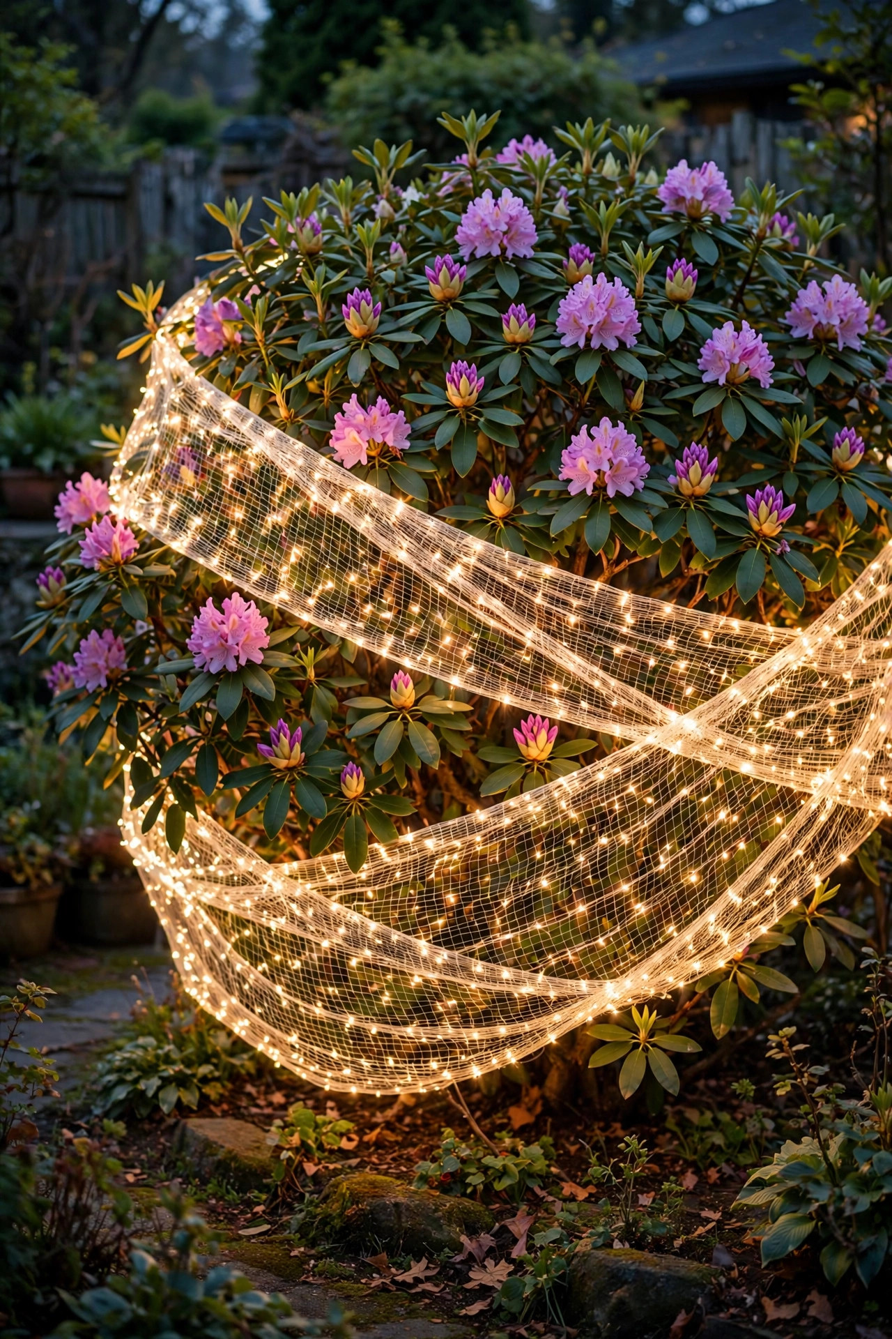 Large rhododendron shrub wrapped in two overlapping layers of warm white net lights for extra dense holiday glow