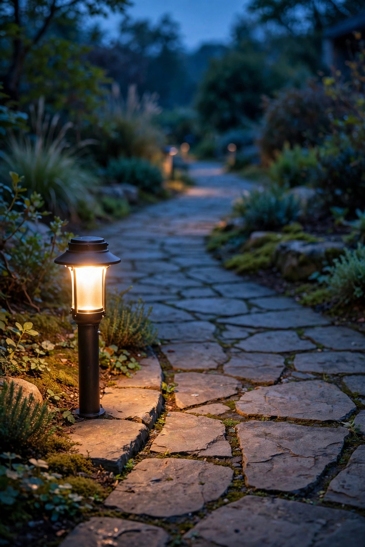 Warm white LED path light glowing steadily along a stone walkway at dusk, its metal housing shedding heat into the cool evening air