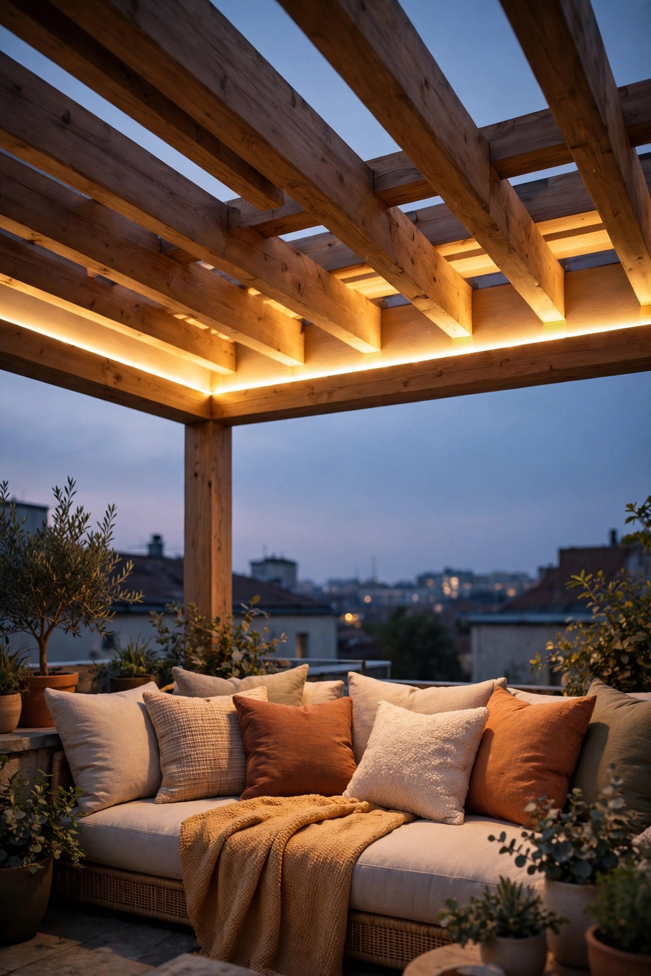 LED strip lights glowing softly from beneath rooftop pergola rafters above cushioned seating