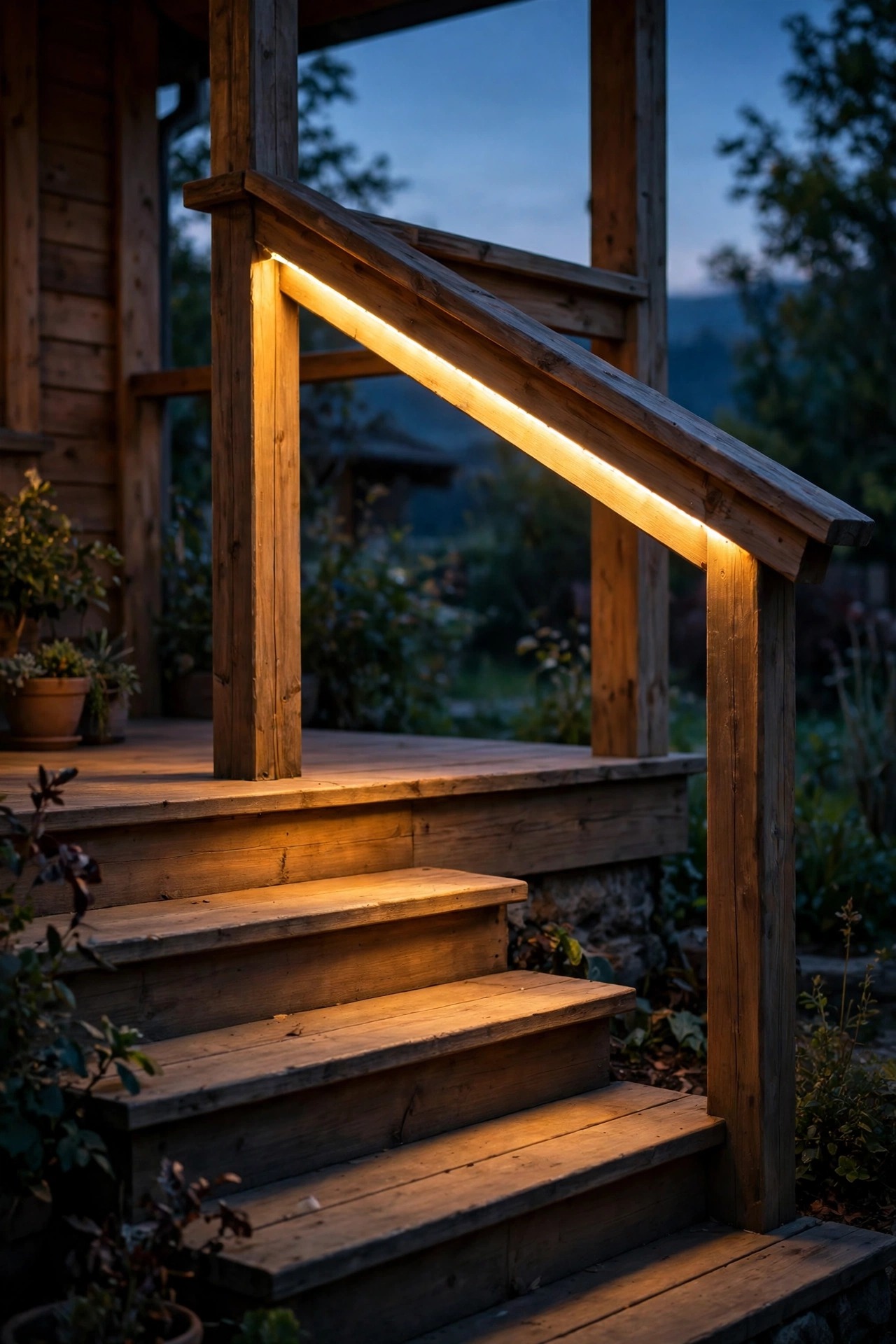 LED strip light glowing softly beneath a wooden porch handrail at dusk, washing warm light across the porch steps, photorealistic