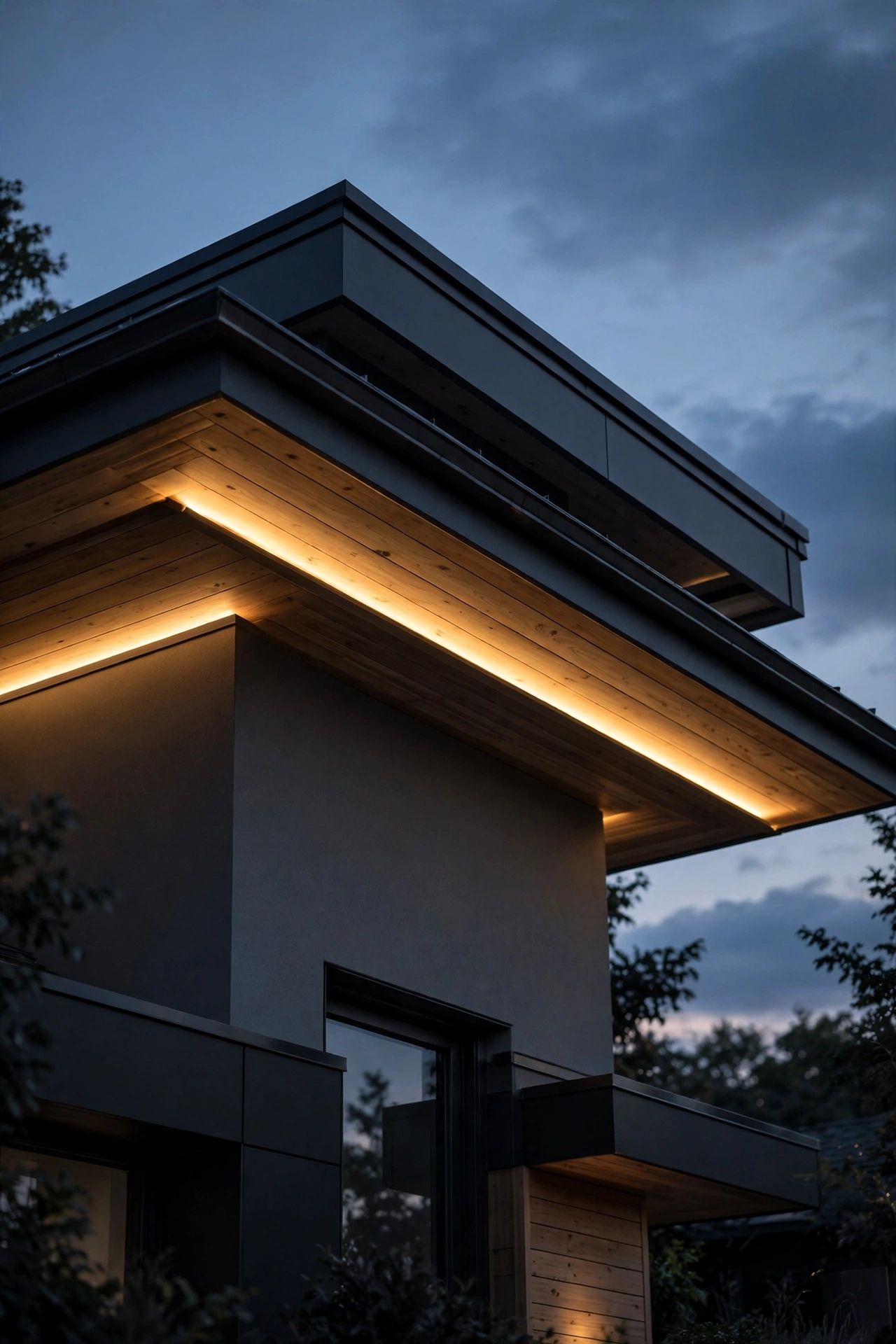 Hidden LED strip under house eaves casting a warm glow down the modern facade