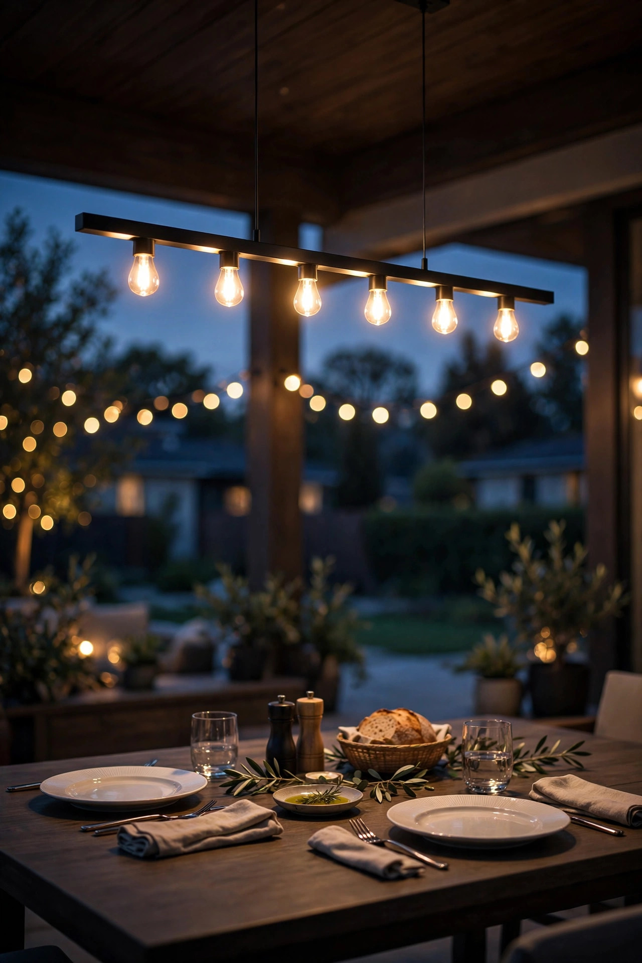 Modern linear outdoor chandelier centered over a patio dining table at night