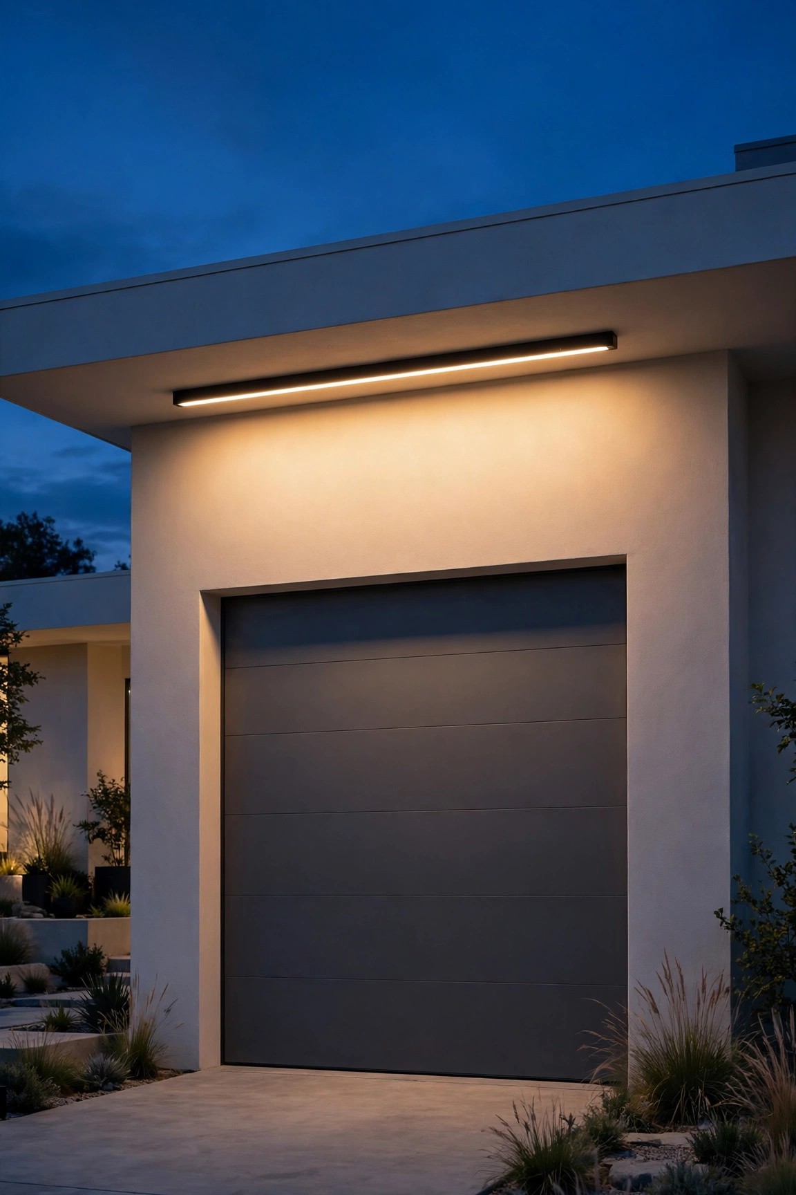 Slim linear LED bar above a modern flat-panel garage door washing the facade with even warm light