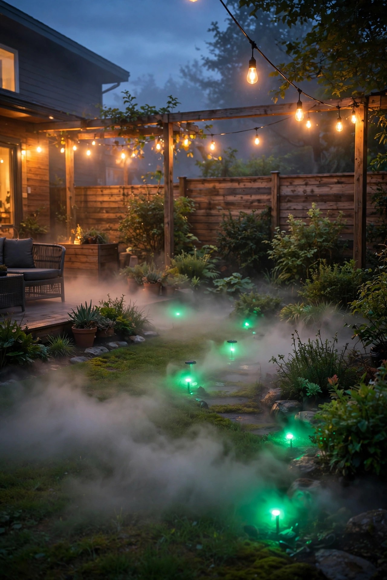 Low lying fog drifting across a backyard lit by green ground lights