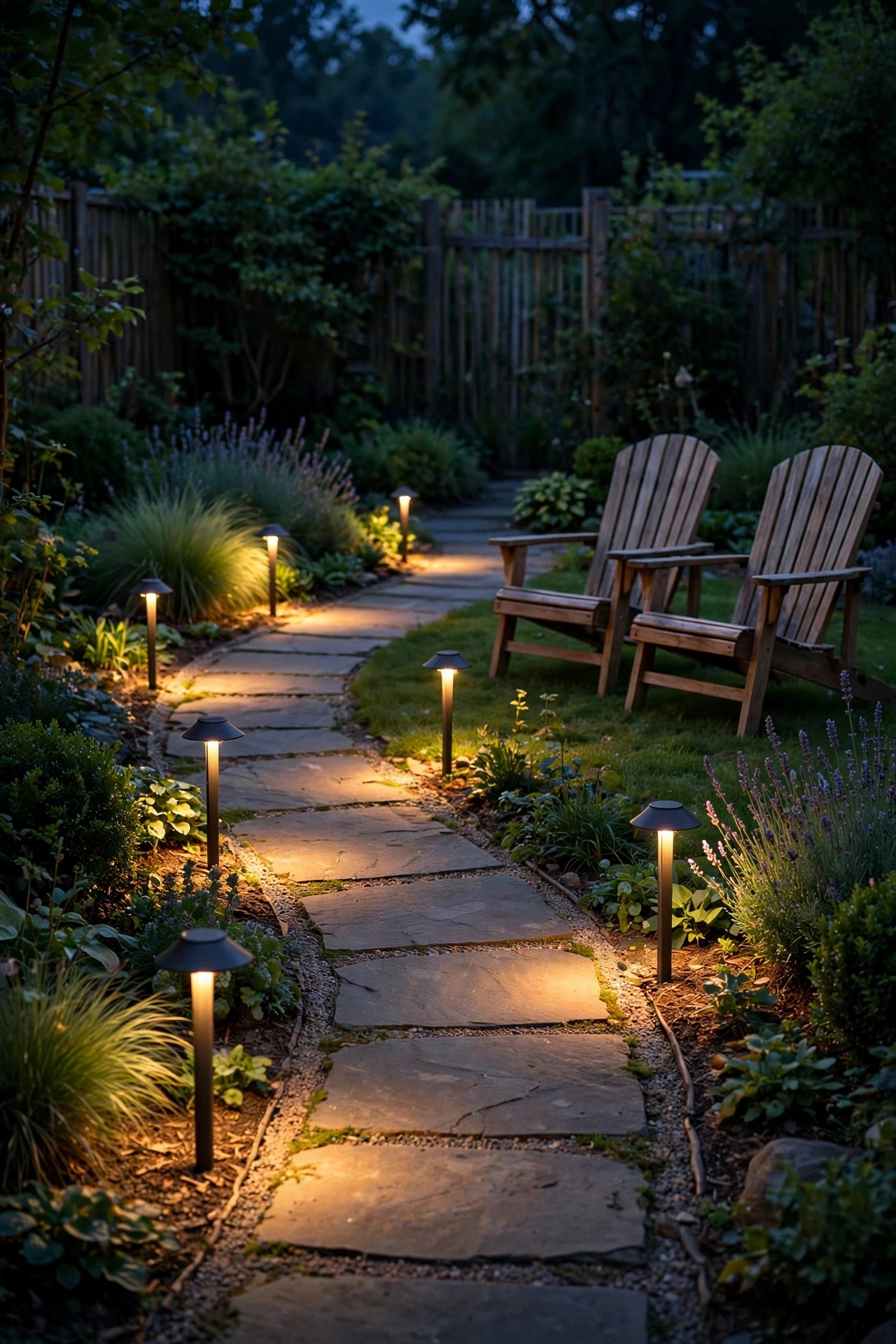 Short shielded path lights casting small pools of warm light along a garden path at night beside lawn chairs