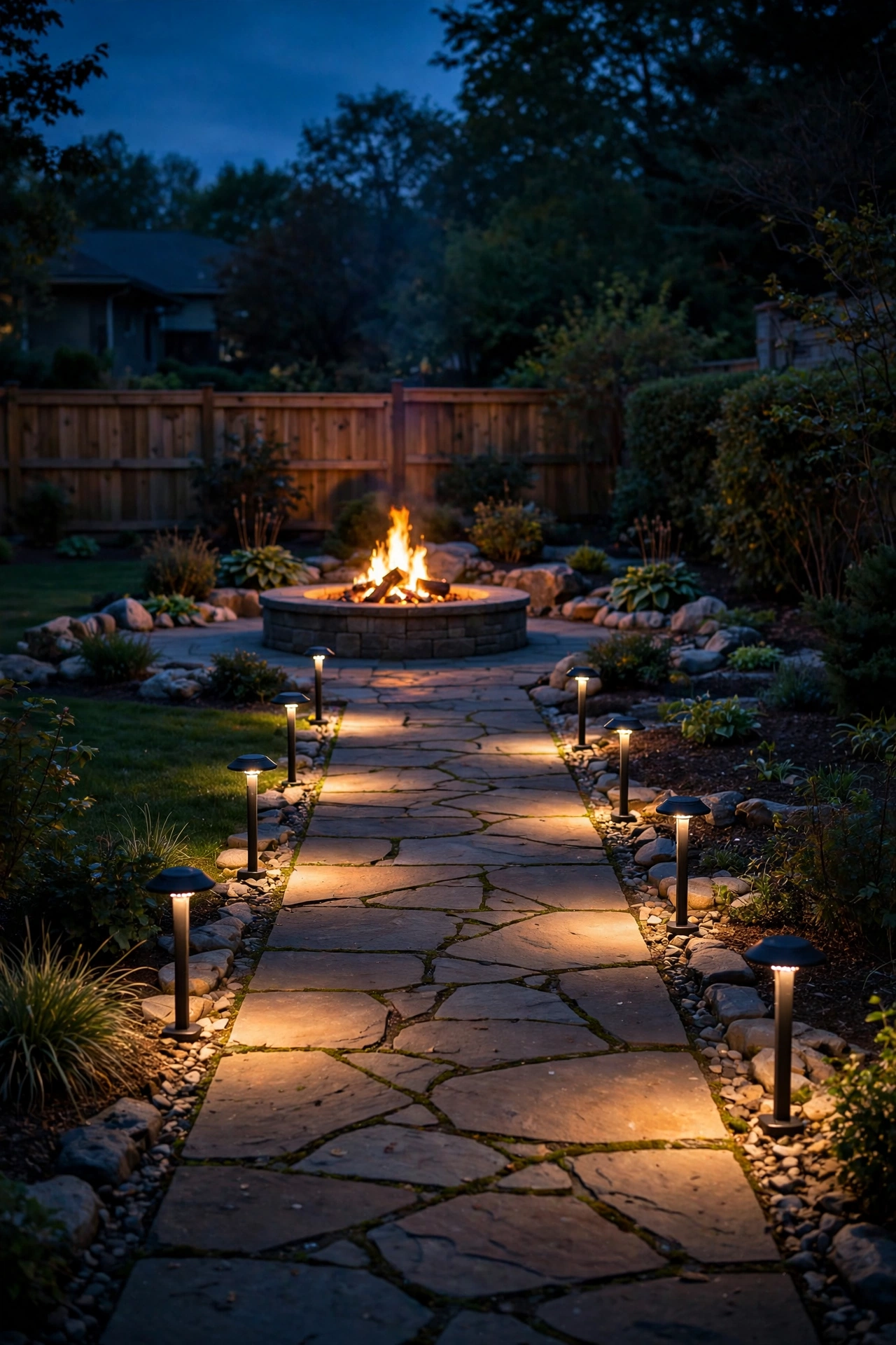 Low-voltage LED path lights illuminating a stone walkway to a backyard fire pit at night