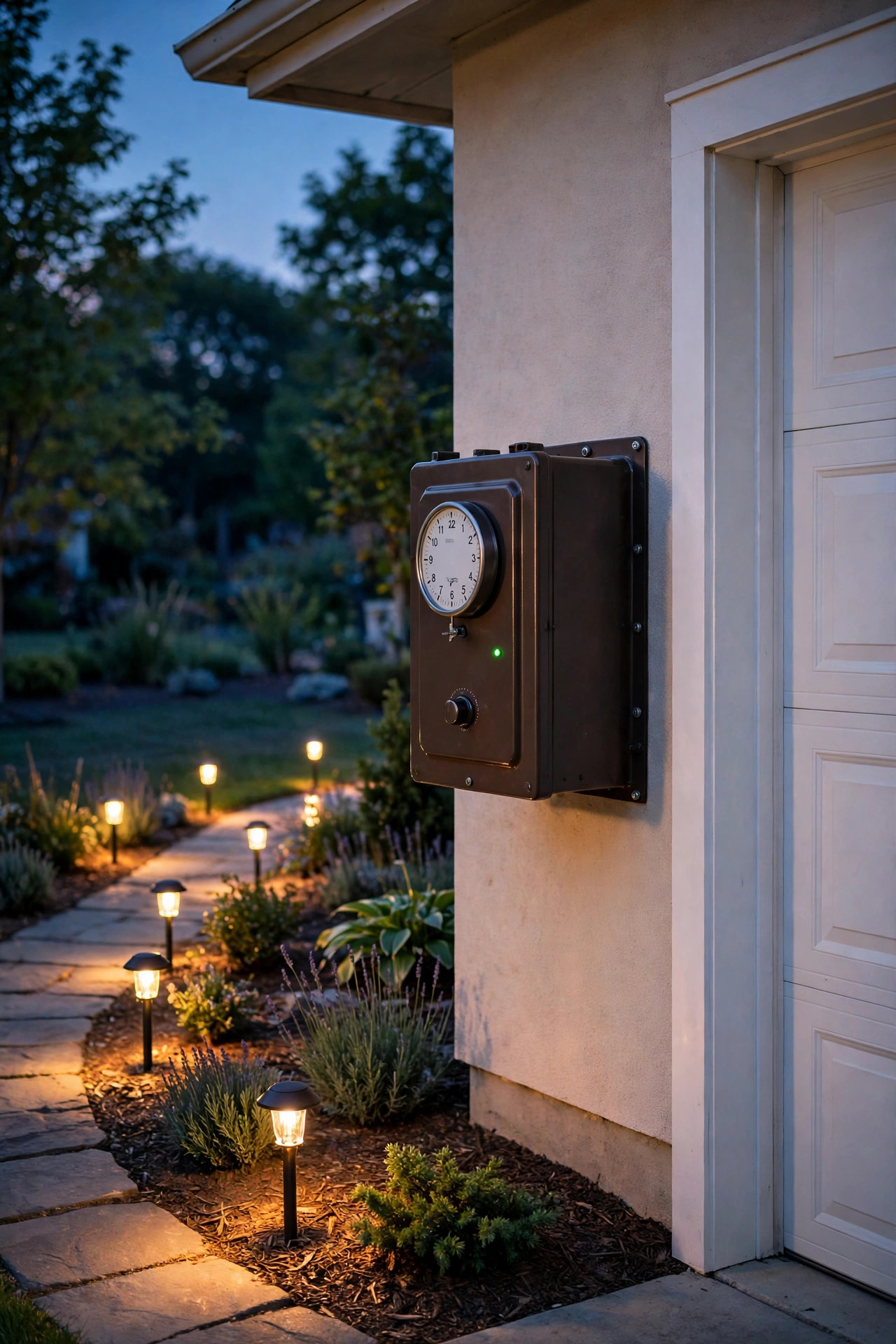 Low-voltage landscape transformer with timer dial mounted by a garage, path lights glowing across the front yard