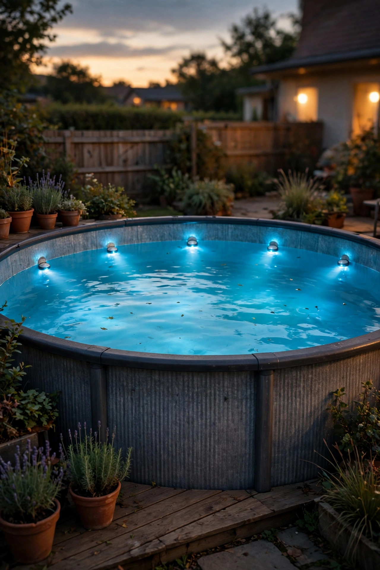 Above-ground pool water glowing from within thanks to magnetic underwater LED lights at dusk