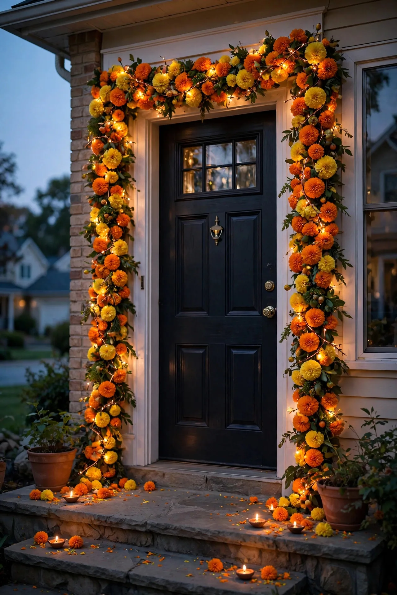 Front door framed with marigold toran garland woven with warm fairy lights