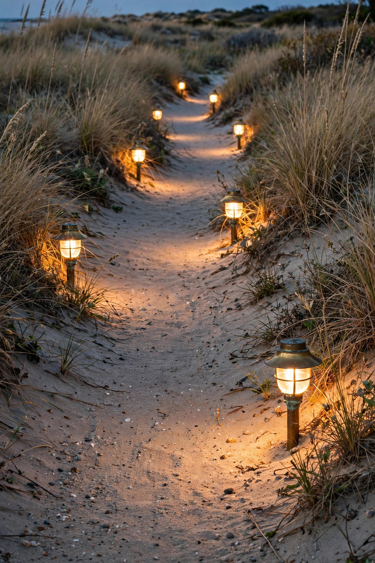 Marine-grade brass path lights glowing along a sandy coastal walkway lined with dune grass